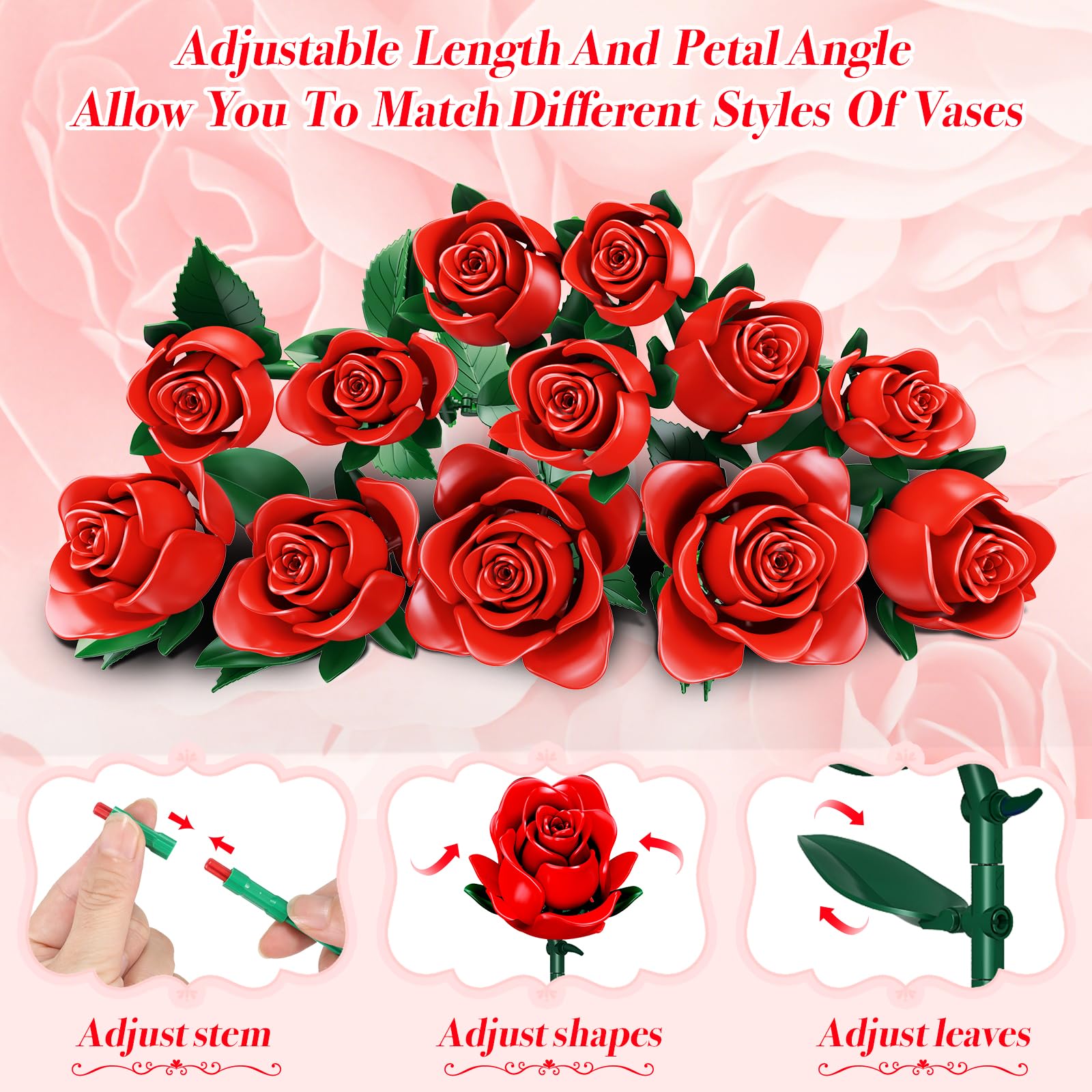eafzv Flowers Bouquet Building Set, 12 Artificial Red Roses Botanical Collection Building Block Educational Toys for Girls Kids Women, 634 PCS