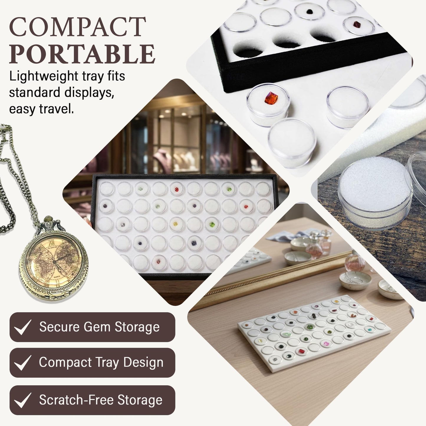 RJ Displays 50 White Foam Gem Jars with Tray, Gemstone Display Case with Lids for Gems, Coins, Gem Storage Organizer, Gem Holder, Charm Box, Gem
