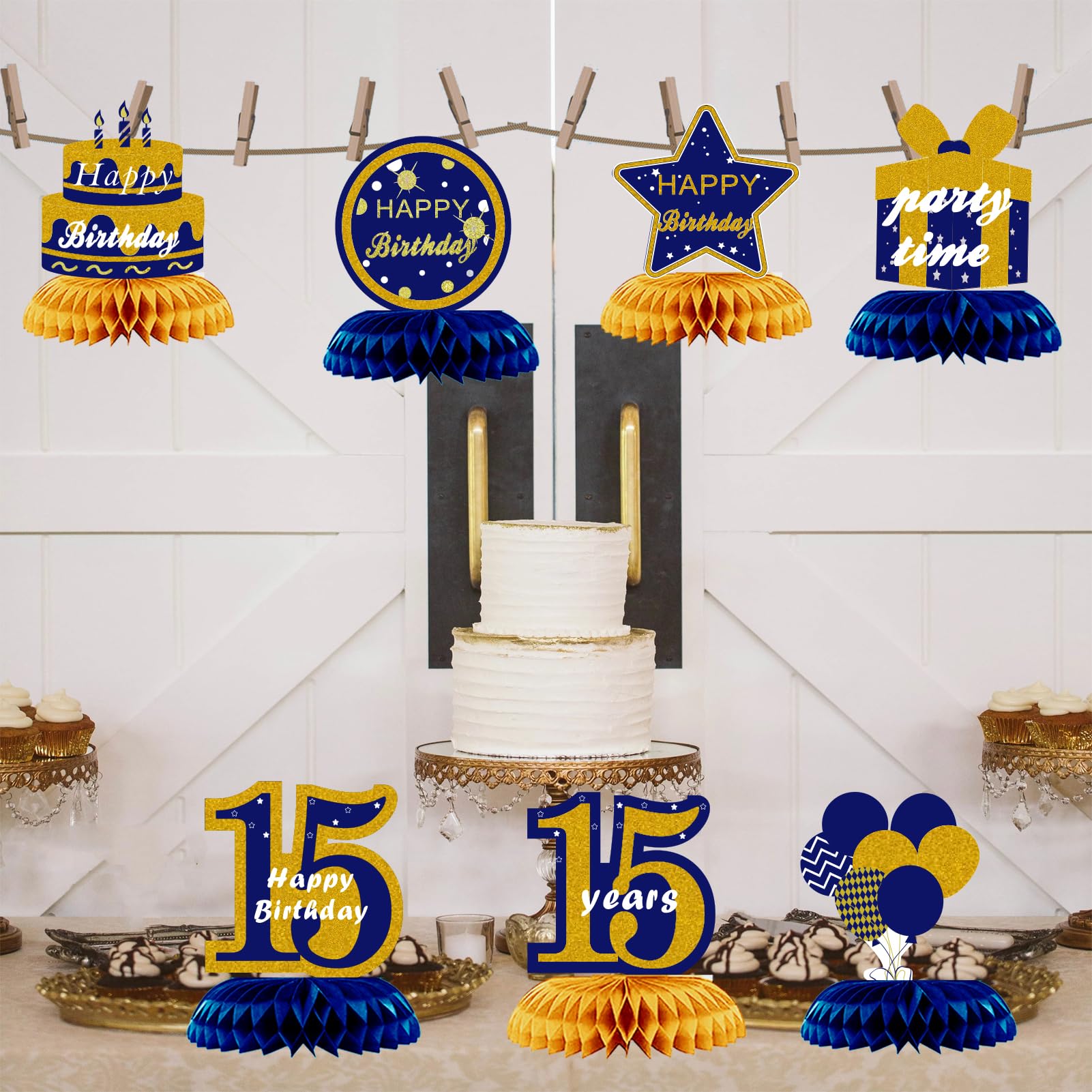9Pcs Happy 15th Birthday Honeycomb Centerpieces Decorations fo Boy Blue Gold 15 Birthday Party Supplies Blue 15 Years old Fifteen Birthday Table