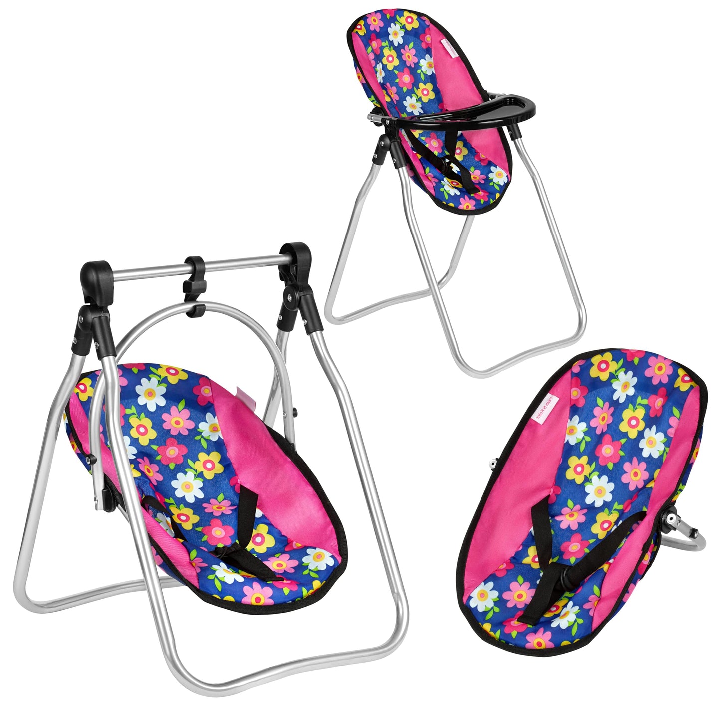 Fash n kolor 3 Piece Baby Doll Play Set - Polka-Dot Design Pack n Play, Foldable Doll Stroller, High Chair - Fits 18 Inch Dolls - Pretend Play Doll