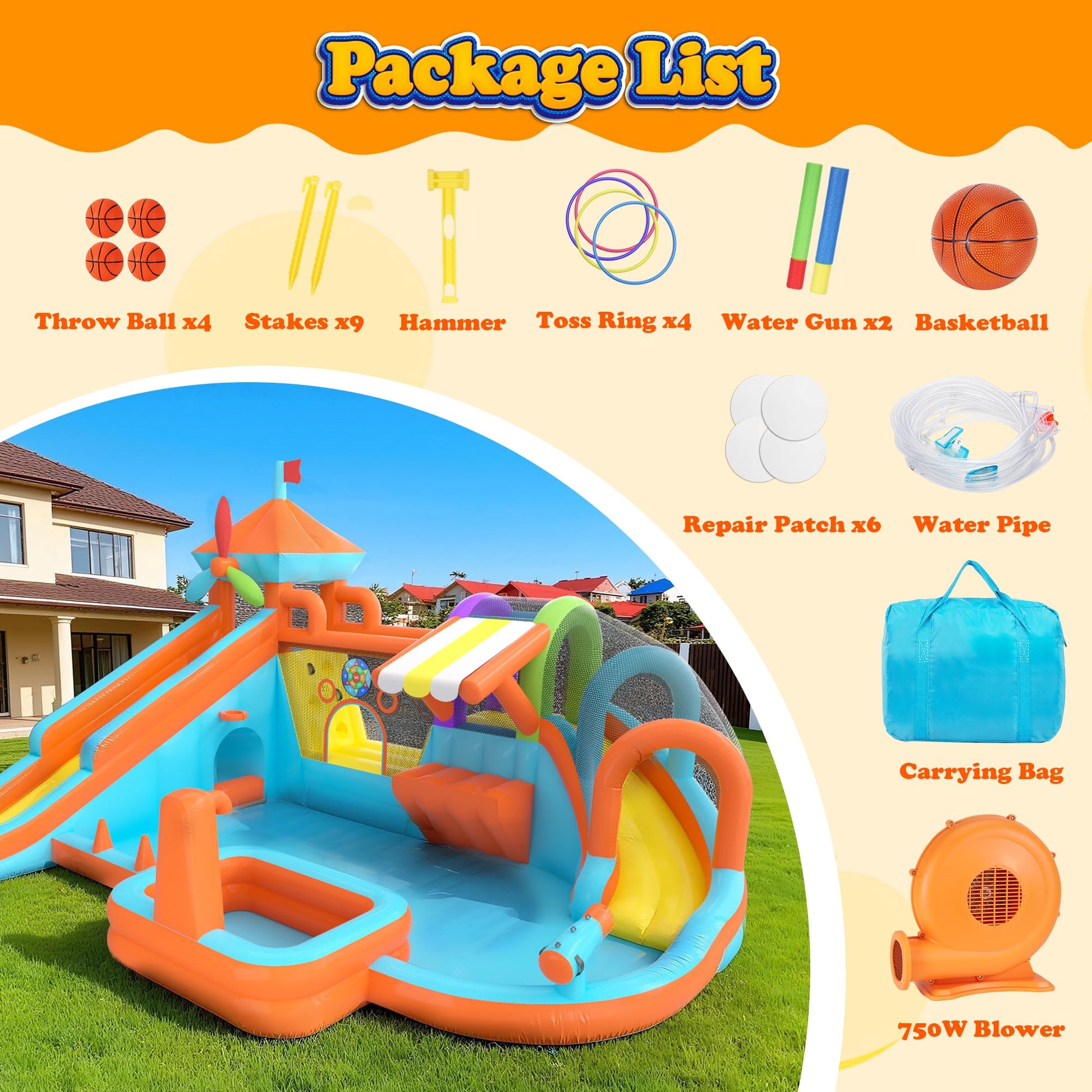 Inflatable Bounce House with Double Slide, 10 in 1 Large Bounce Castle with 750W Blower, Water Slide, Jumping, Splash Pool, Climbing Wall, Toy Stand