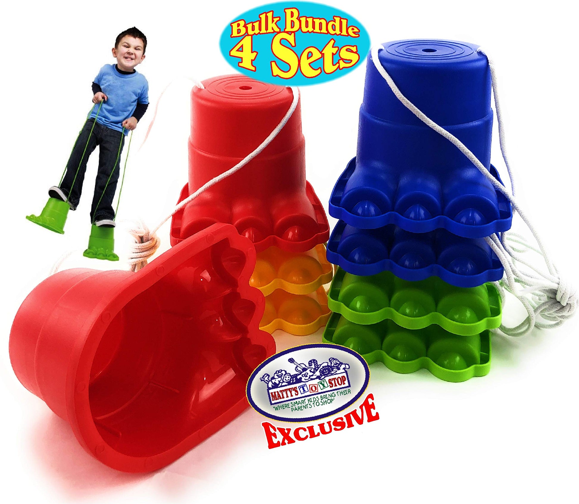 Matty's Toy Stop Monster Feet Plastic Balancing Stilts 4.75" (Red, Blue, Green & Yellow) Gift Set Bundle - 4 Pairs (8 Stilts Total)
