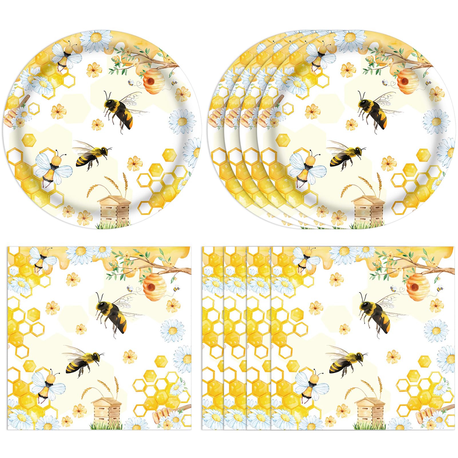40Pcs Bee Birthday Party Decorations Bee Paper Plates and Napkins Cute Bumblebee Daisy Honeycomb Themed Tableware Set,for Honey Baby Shower Kids Boys