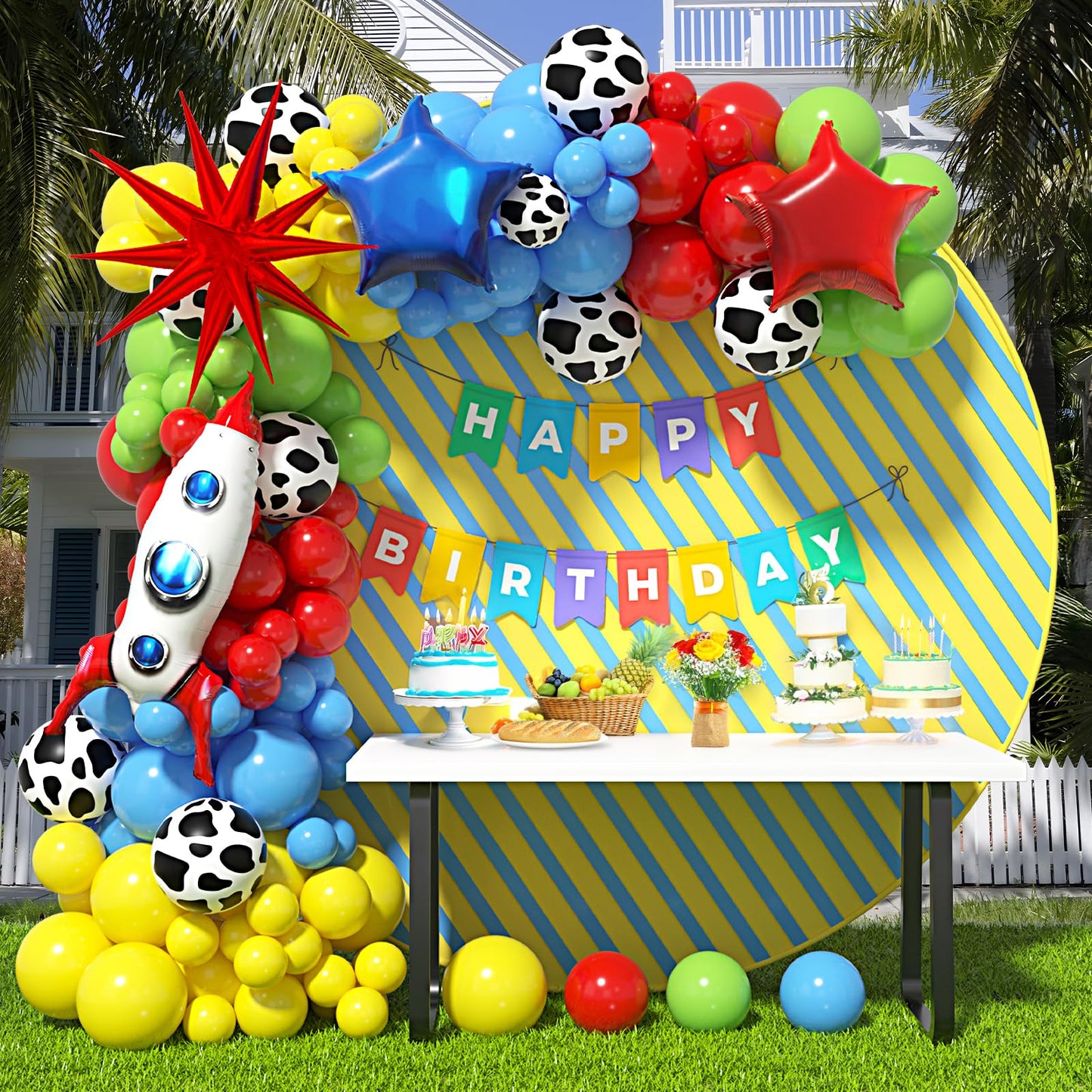 162Pcs Toy Inspired Story Balloon Garland Arch Kit Red Blue Yellow Green Balloon Cow Boy Star Rocket Exploding Star Balloons for Kids Toy Inspired