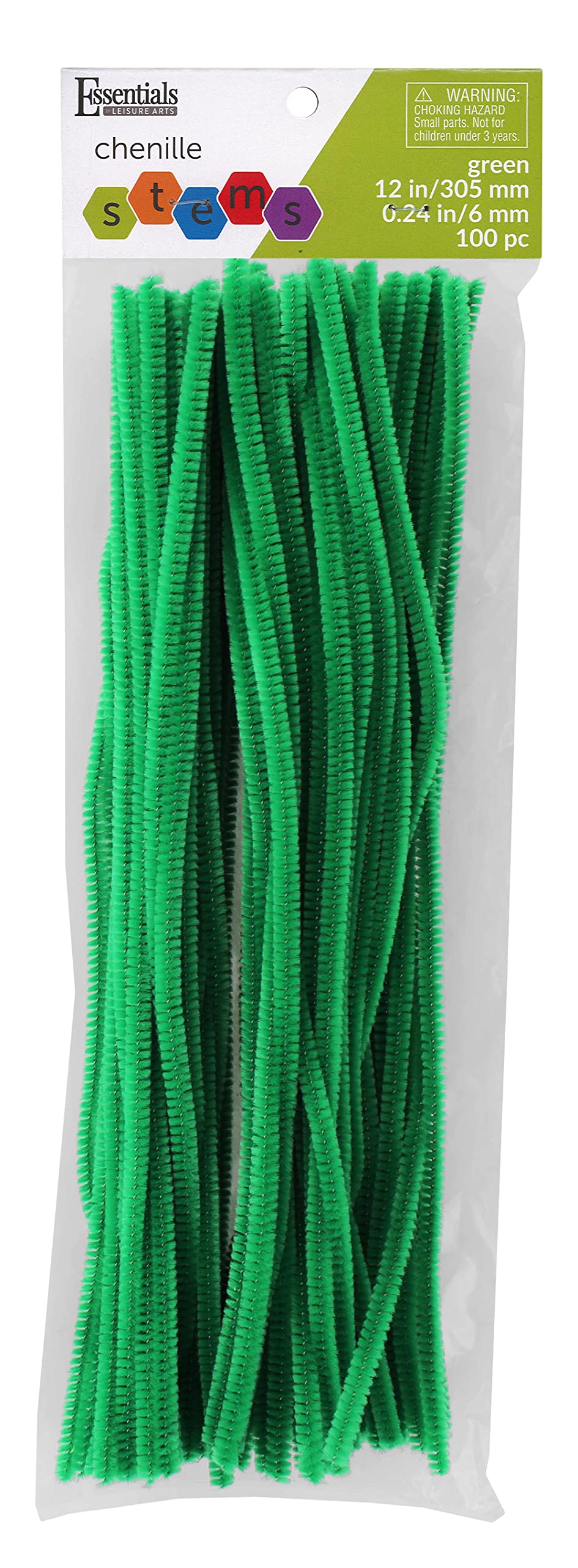 Essentials By Leisure Arts Chenille Stems Green, 12 Inch 6mm, Bendable Craft Pipe Cleaners for DIY Projects, Dolls, Ornaments, Jewelry,