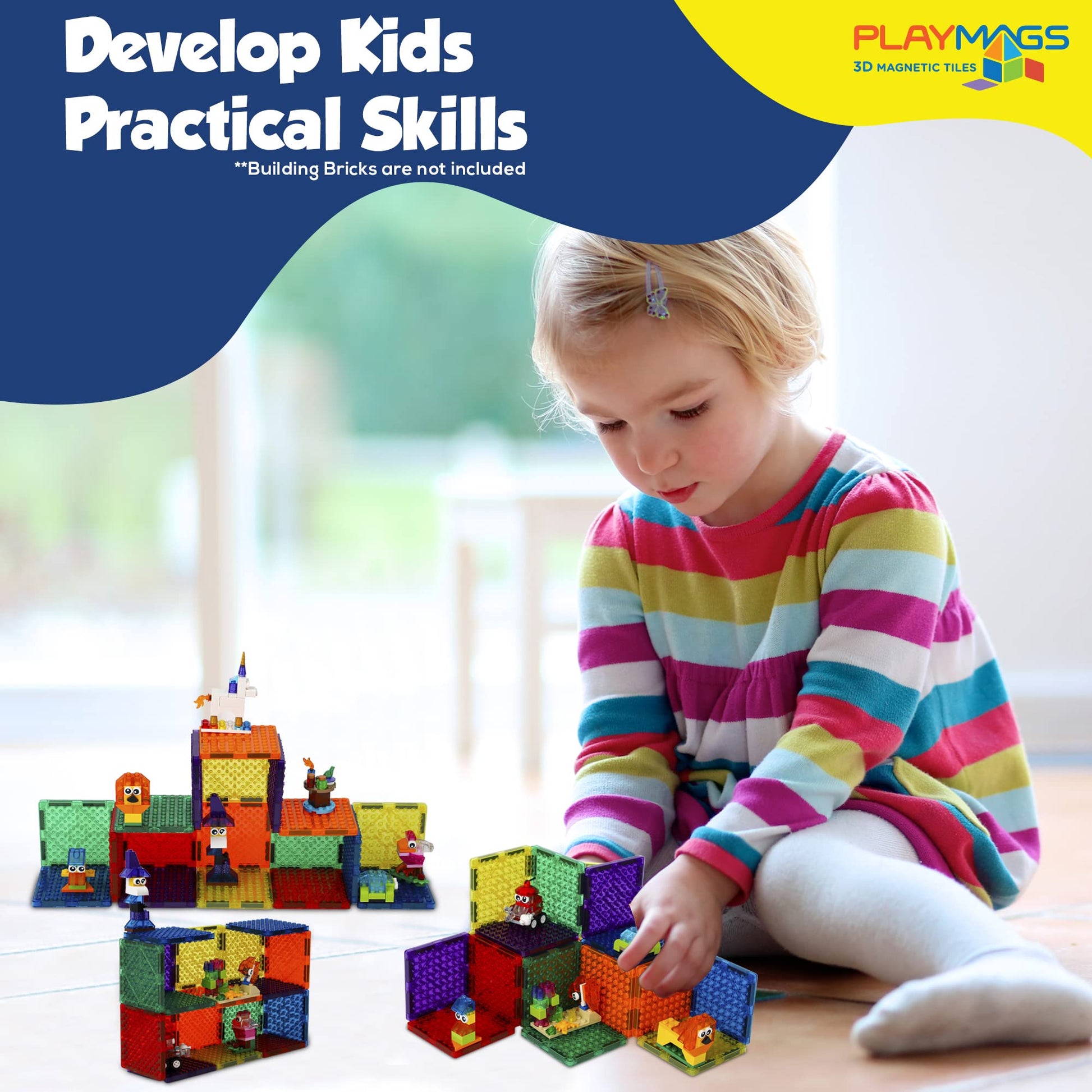 Playmags Magnetic Tiles, 18Pcs Magnetic Building Bricks, Exclusive Magnetic Blocks, Skill Development, Ages 3+ (Small Bricks Tiles)