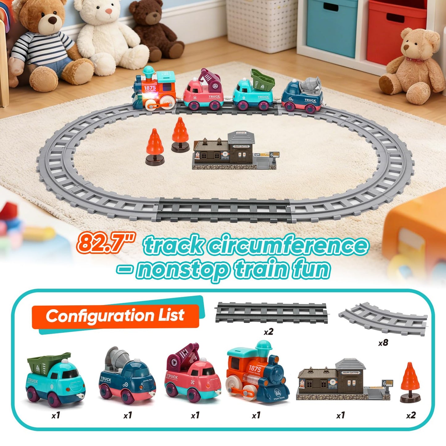 Toddler Train Toy, Train Set with Construction Vehicles for Kids Age 3-5