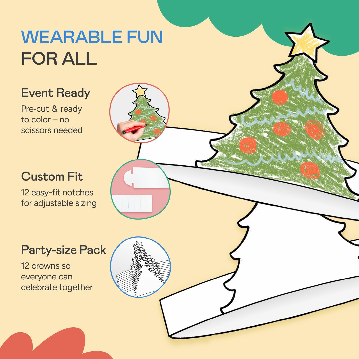 Tiny Expressions - Bulk Christmas Tree Headbands (Pack of 12) - Easy, Color Your Own Xmas Themed Party Headband