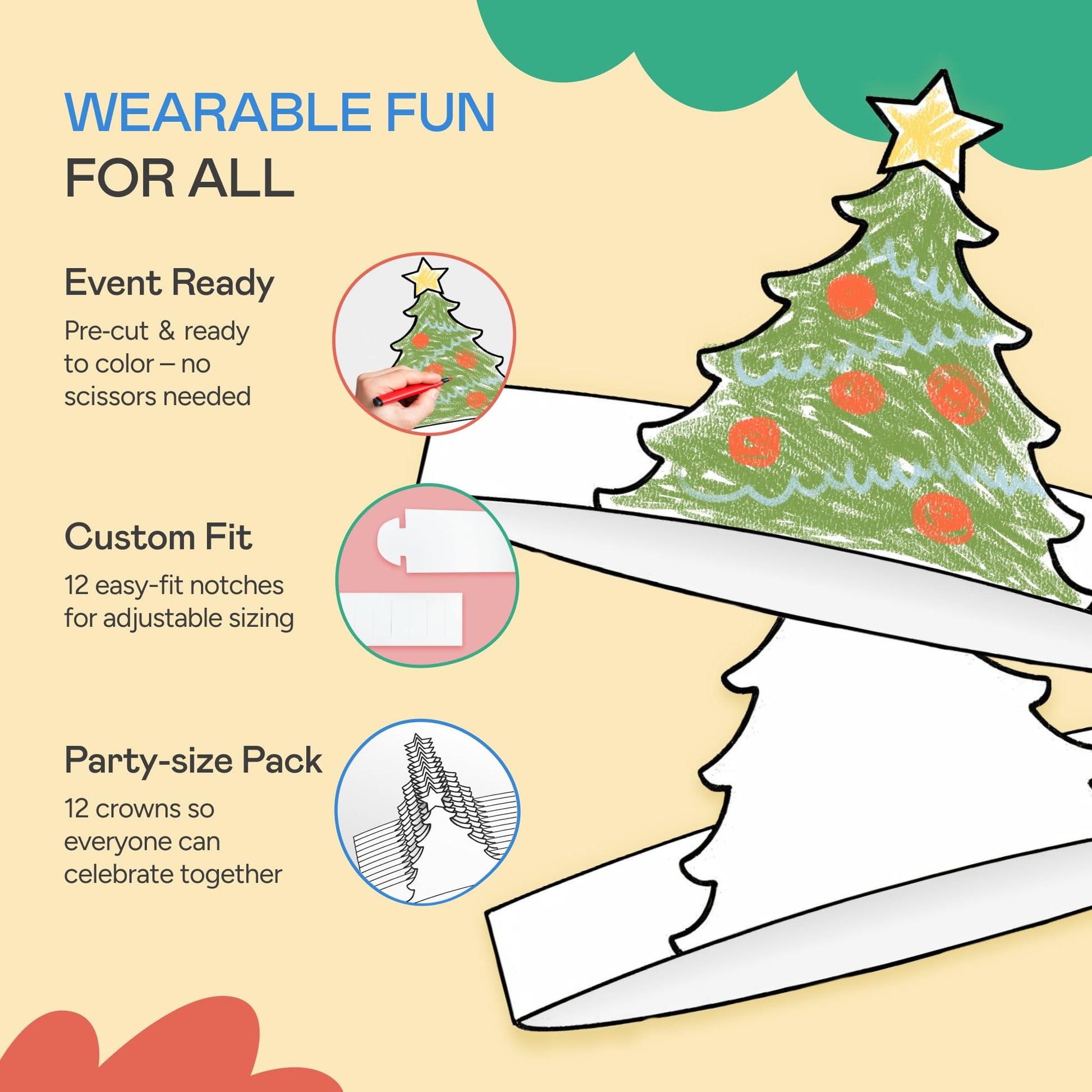 Tiny Expressions - Bulk Christmas Tree Headbands (Pack of 12) - Easy, Color Your Own Xmas Themed Party Headband