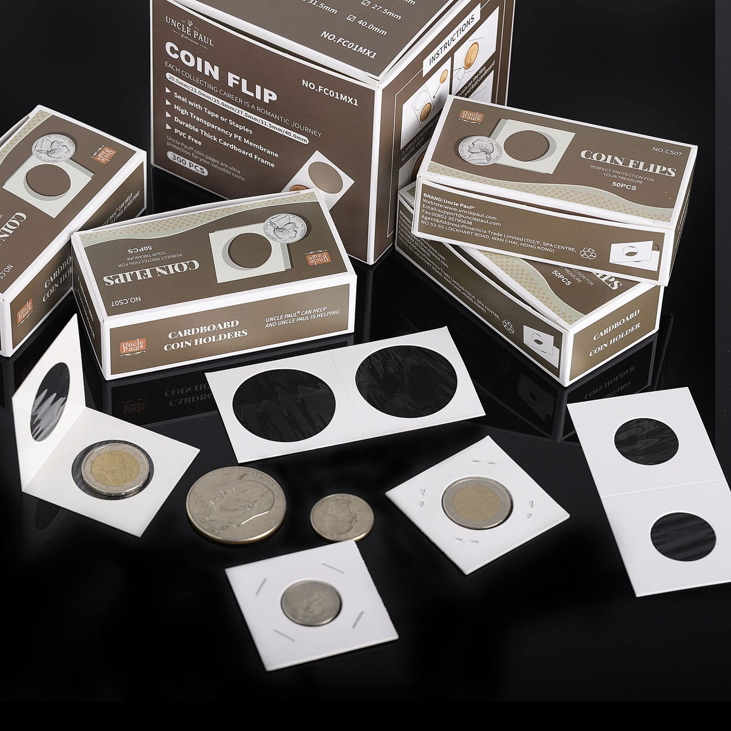 300PCS Coin Flips in 6 Sizes Cardboard Coins Holders 2x2 inch Pockets Coin Collection Supplies Album Display Coin Book for Dollars, Penny, Quarter