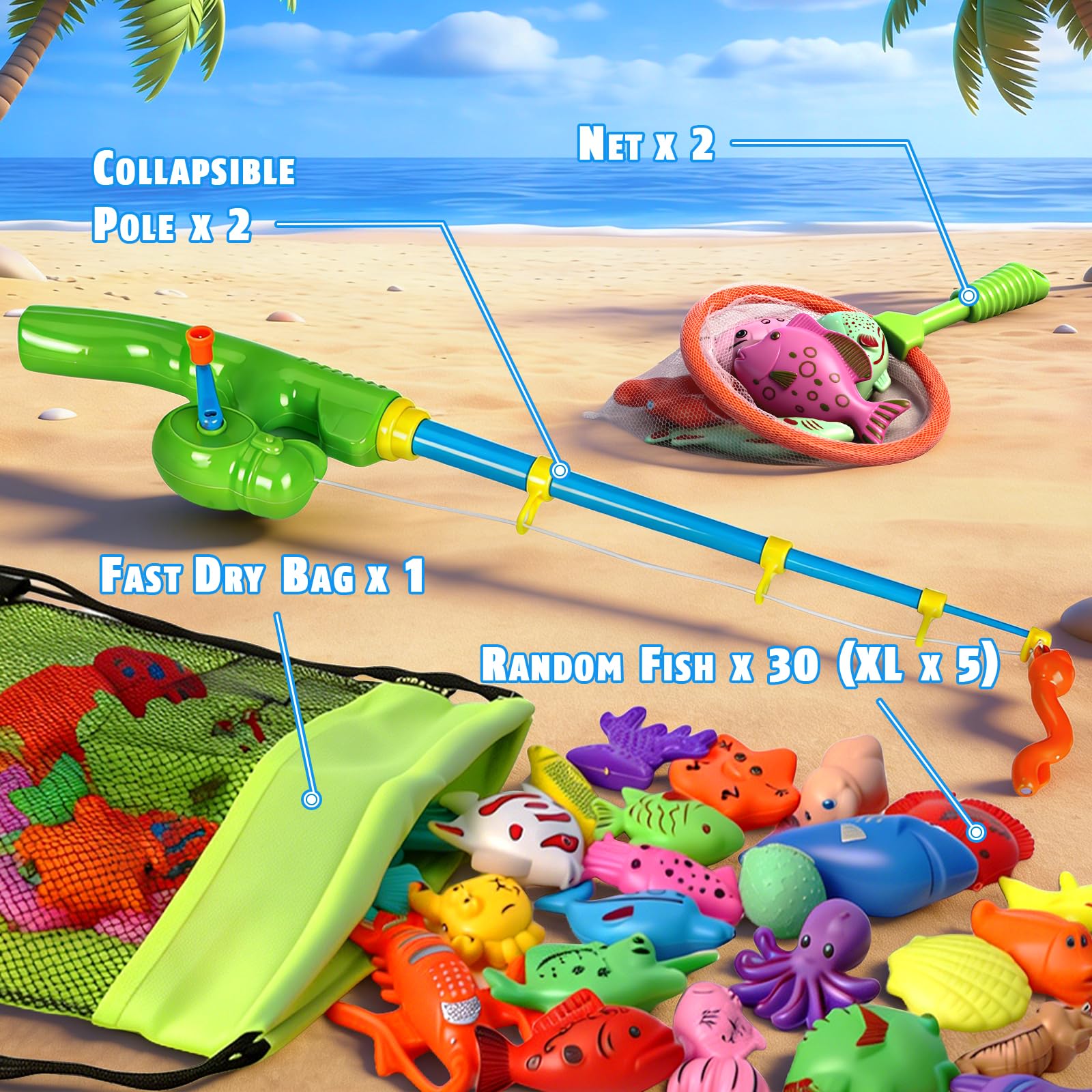 CozyBomB™ Magnetic Fishing Toys Game Set for Kids | Water Table Bathtub Kiddie Pool Party Pole Rod Net, Outdoor Plastic Floating Fish, Toddler Bath