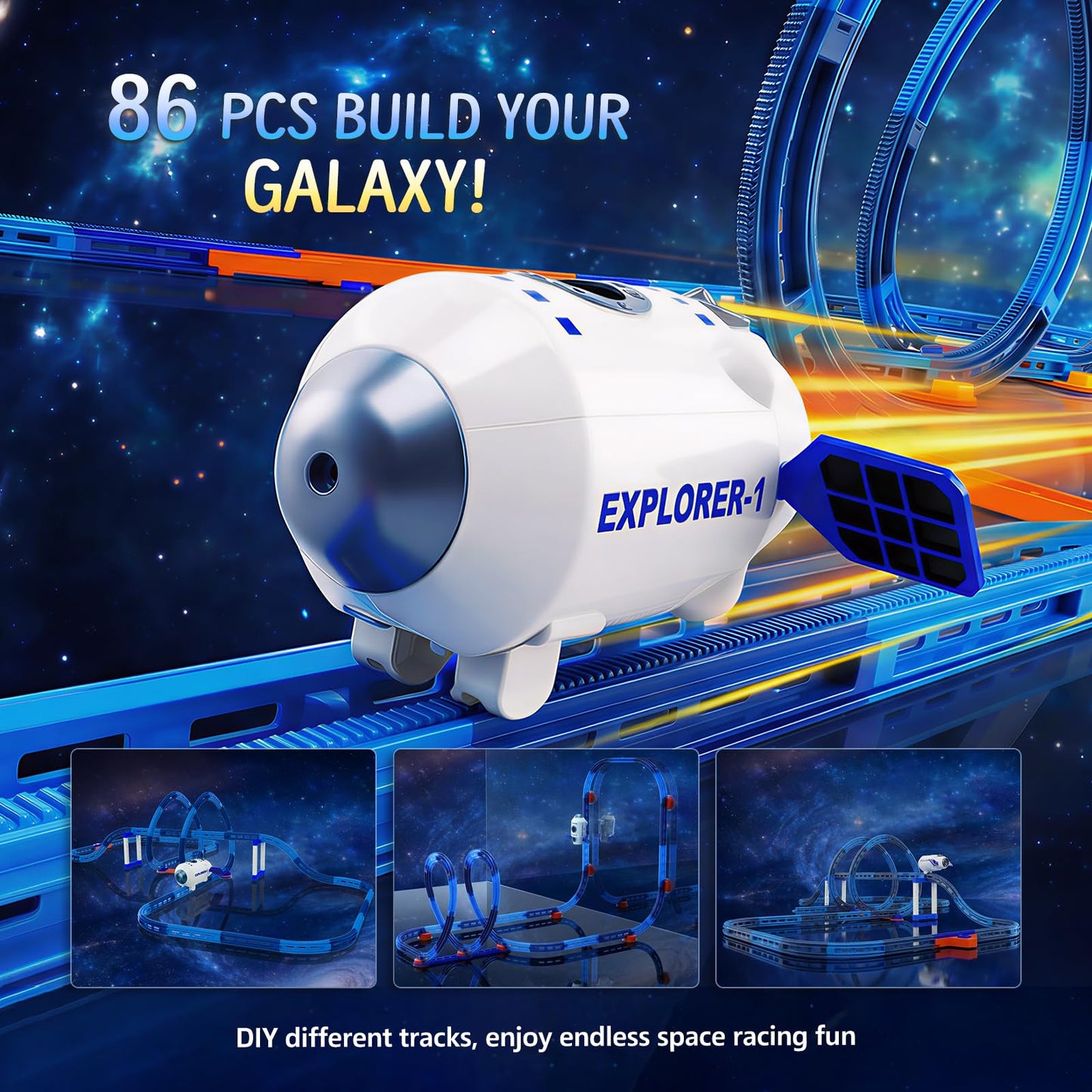 Electric Space Rocket Car Track Set with Mist Spray & Blue Lights - 86 PCS DIY STEM Building Race Track Toy with Suction Cups, Birthday Gift for Boys