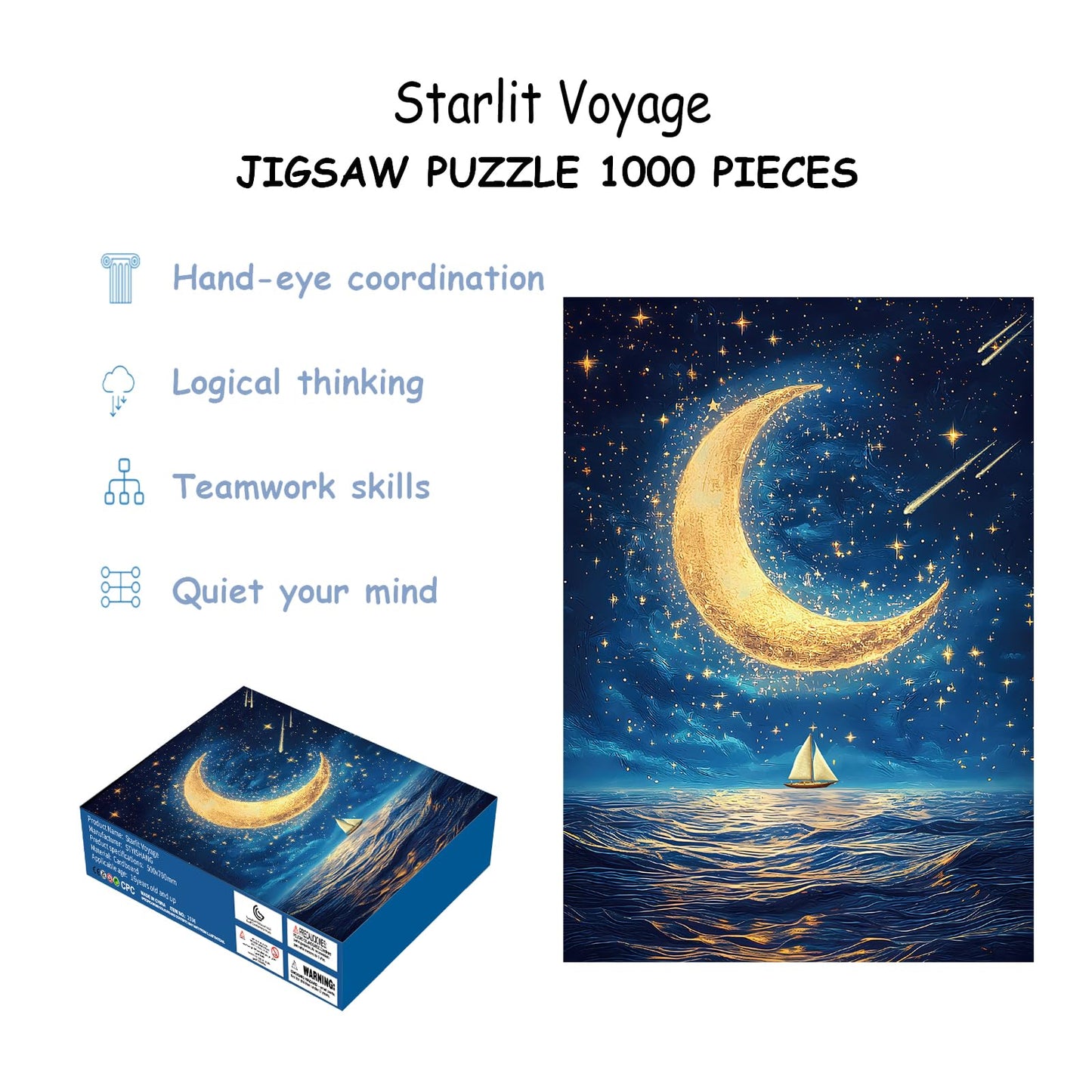 Ocean Puzzle 1000 Pieces-Starlit Voyage, Starry Night Puzzle 1000 Pieces, Moon Puzzles for Adults, Difficult Jigsaw Puzzle for Families, Finished Size