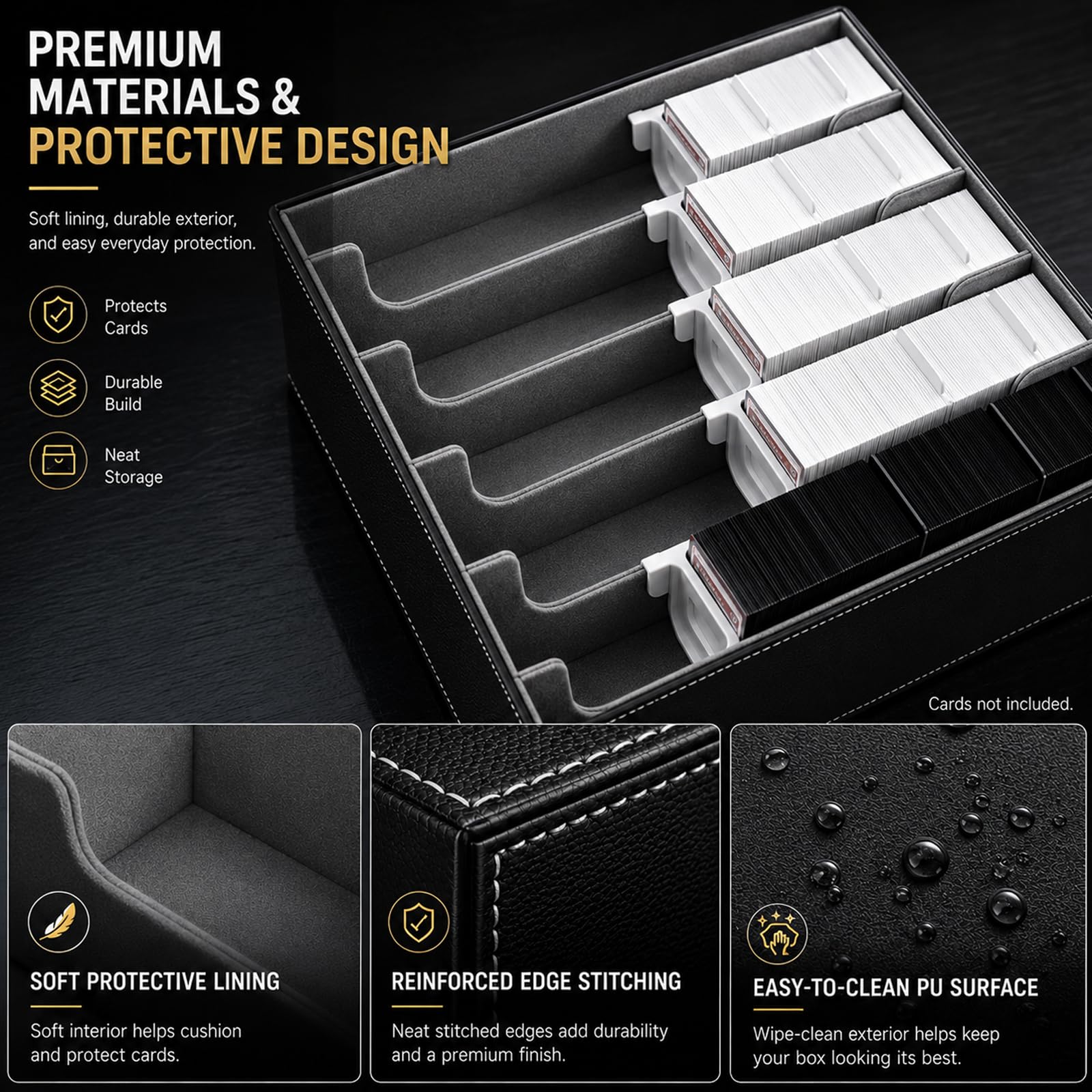 ArtBoutiq 5-Row Trading Card Storage Box, Large Capacity TCG Card Organizer with 24 Colorful Dividers & 5 Card Stoppers, PU Leather Card Storage Case
