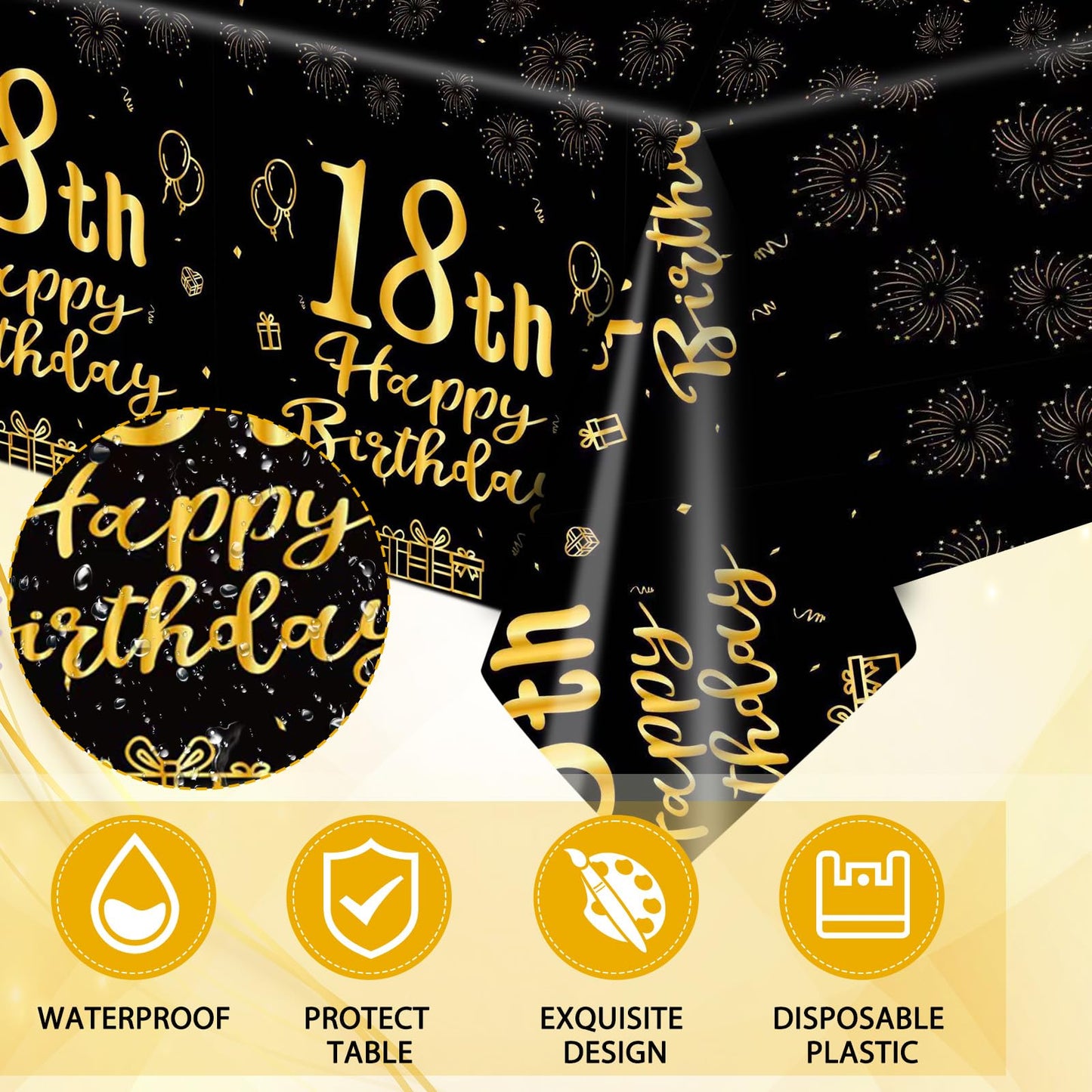 41PCS Happy 18th Birthday Decrations for Boys Girls Black Gold Themed Disposable Tableware Decor Includeing Plates Napkins Tablecloth for Eighteen