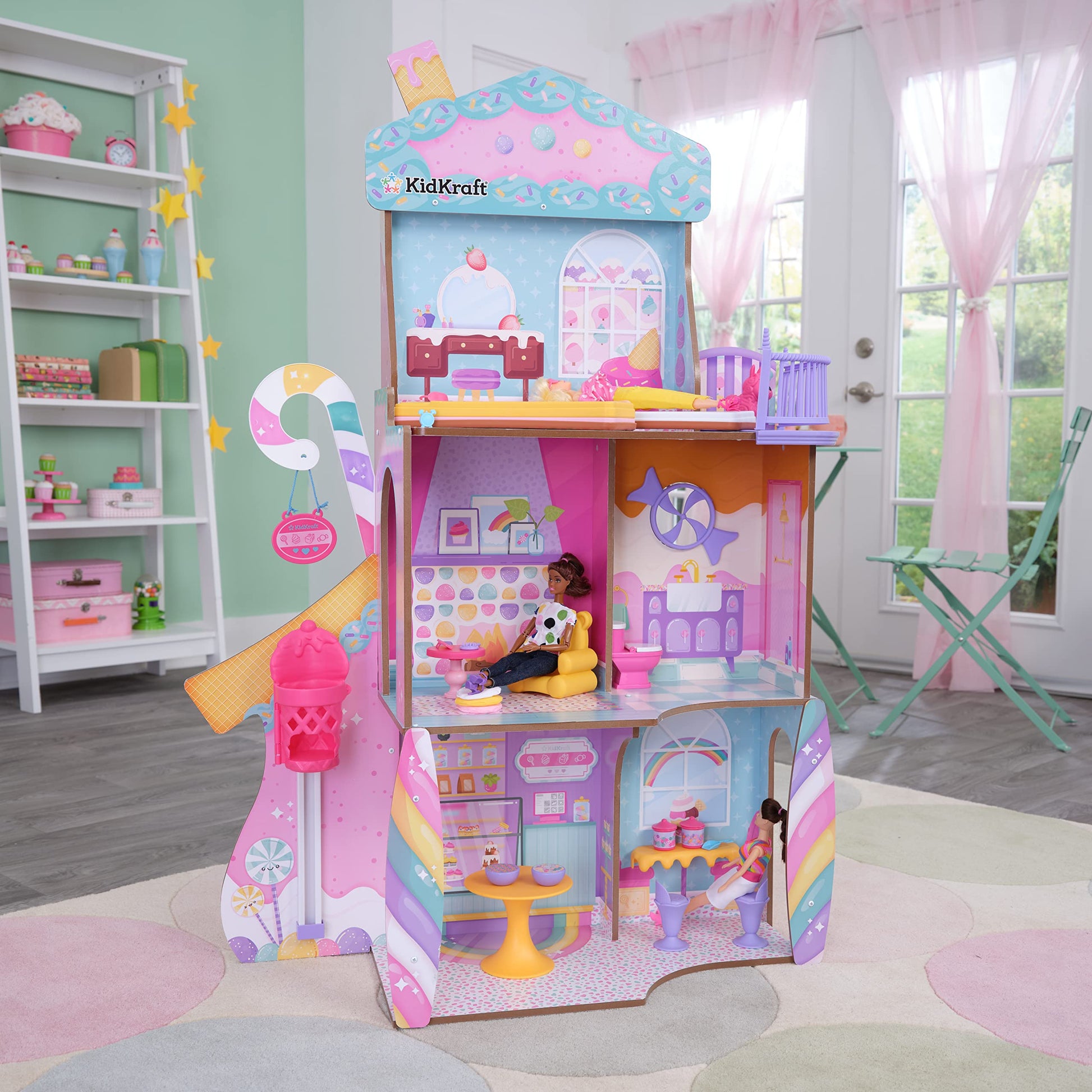 KidKraft 20242 Wooden Doll House Candy Castle Toy Set with Unicorn Llama Figure and Ice Cone Lift for Dolls, Toy for Children from 3 Years