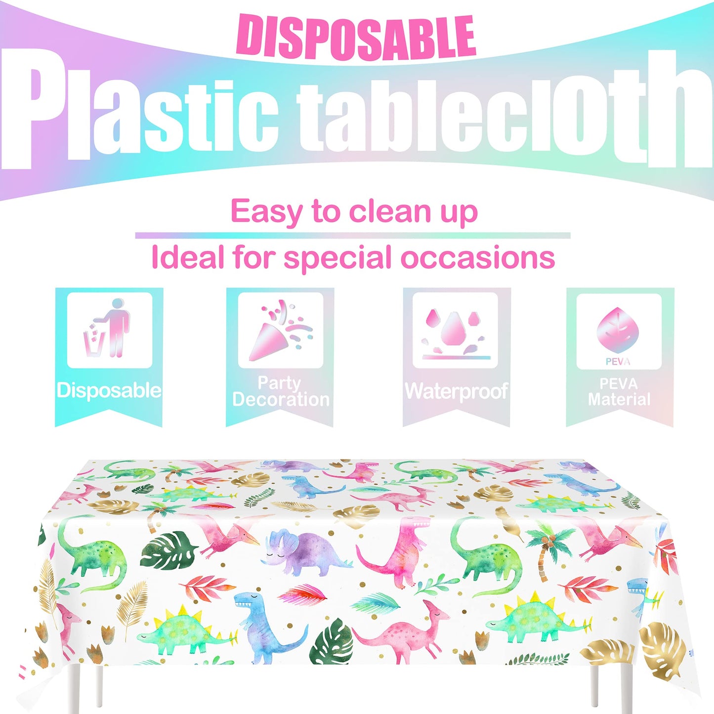 HaPiBiDesign Girl Dinosaur Birthday Party Tablecloth - Pink Dinosaur Plastic Disposable Table Cover - Girl Dinosaur Party Supplies (1, 54'' x 108'')