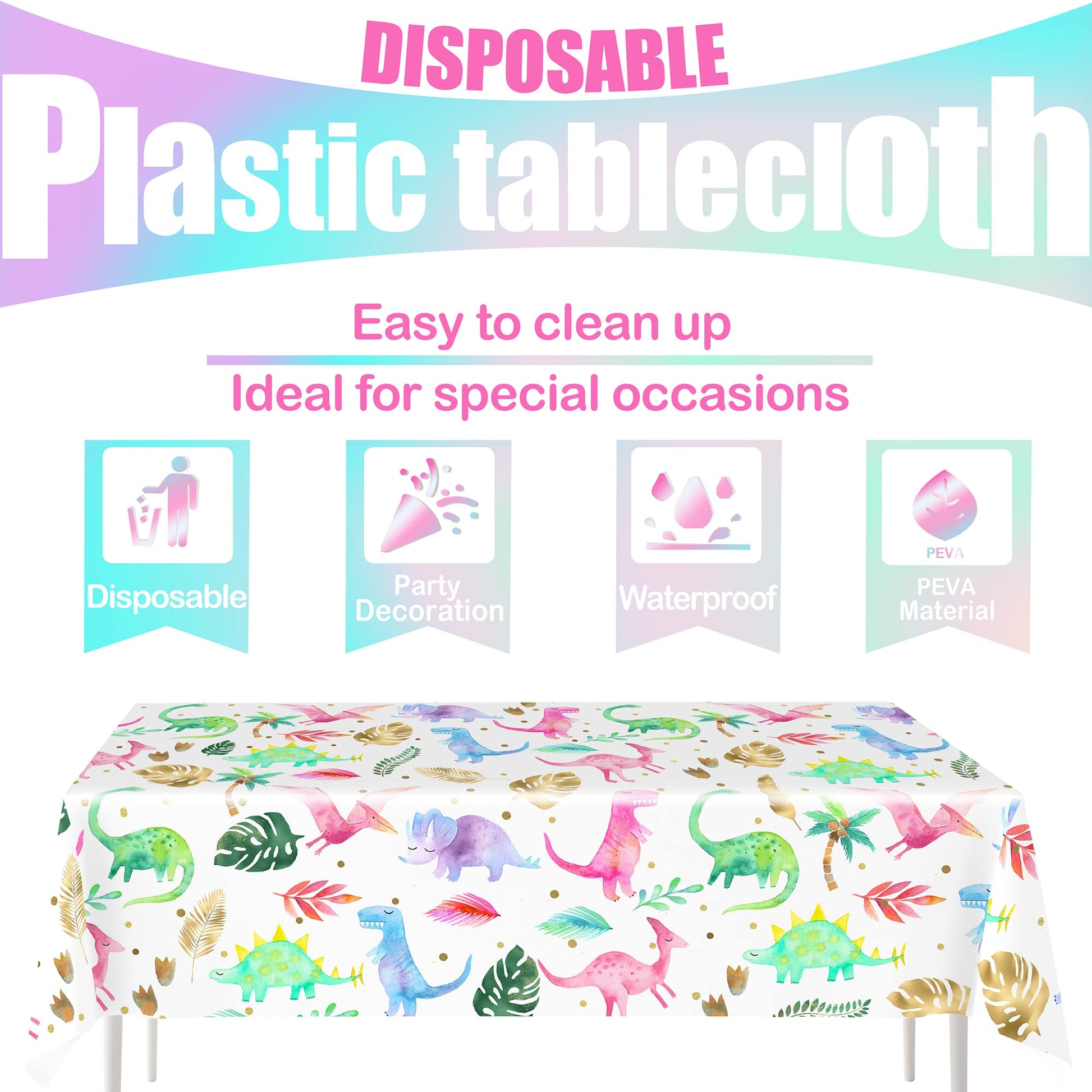 HaPiBiDesign Girl Dinosaur Birthday Party Tablecloth - Pink Dinosaur Plastic Disposable Table Cover - Girl Dinosaur Party Supplies (1, 54'' x 108'')