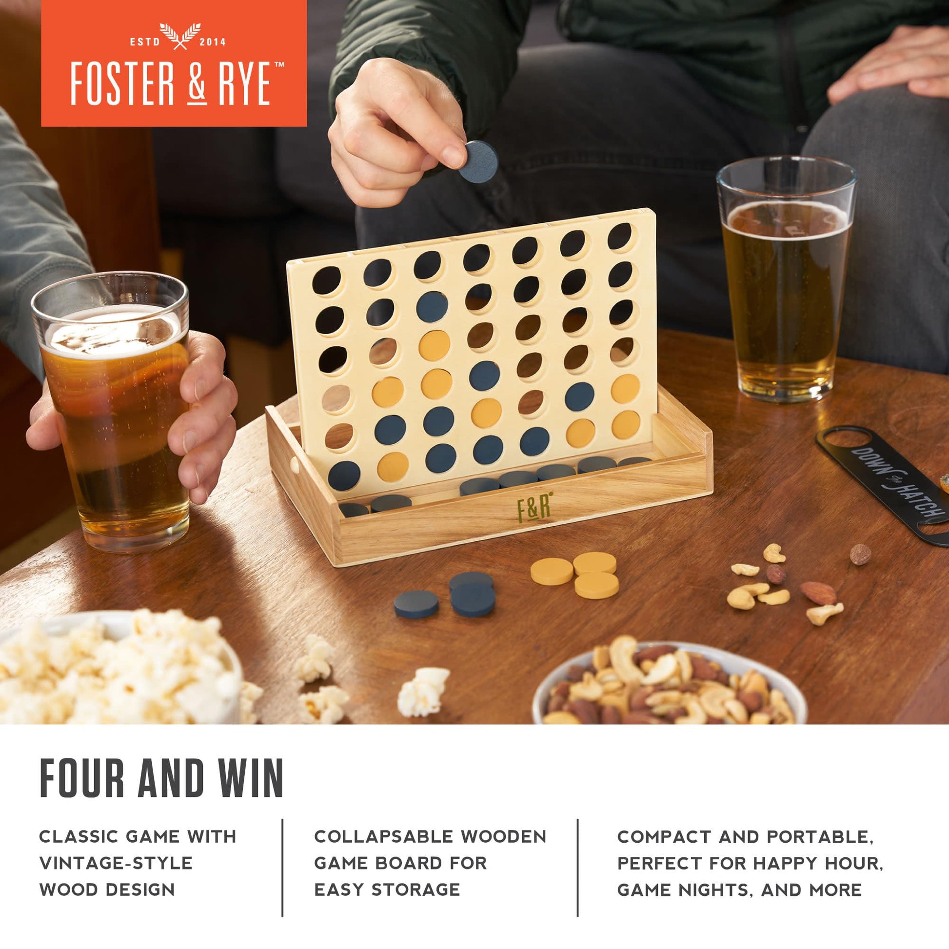 Foster & Rye Four and Win - Classic Board Game, Games for 2 Players Vintage Wood Design - Board Game Tabletop