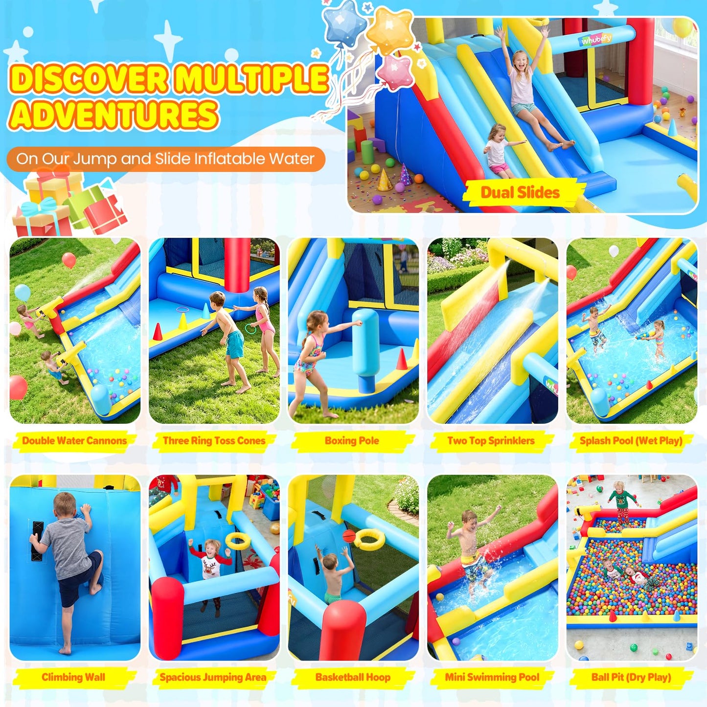 Inflatable Water Slide Bounce House, Upgrade 10-in-1 Water Slide Park with Water Gun/Spalish Pool/Jumping Area, Max Total Load Capacity 400 Lbs,