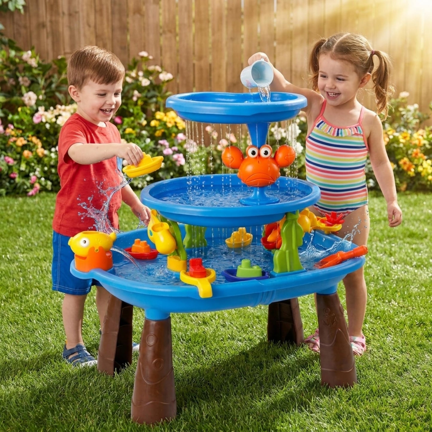 Bo-Toys 3-in-1 Sand and Water Table for Toddlers Ages 3+, Large Outdoor Sensory Play Table with Double-Layer Waterfall, Push-to-Squirt Fish, Spinning