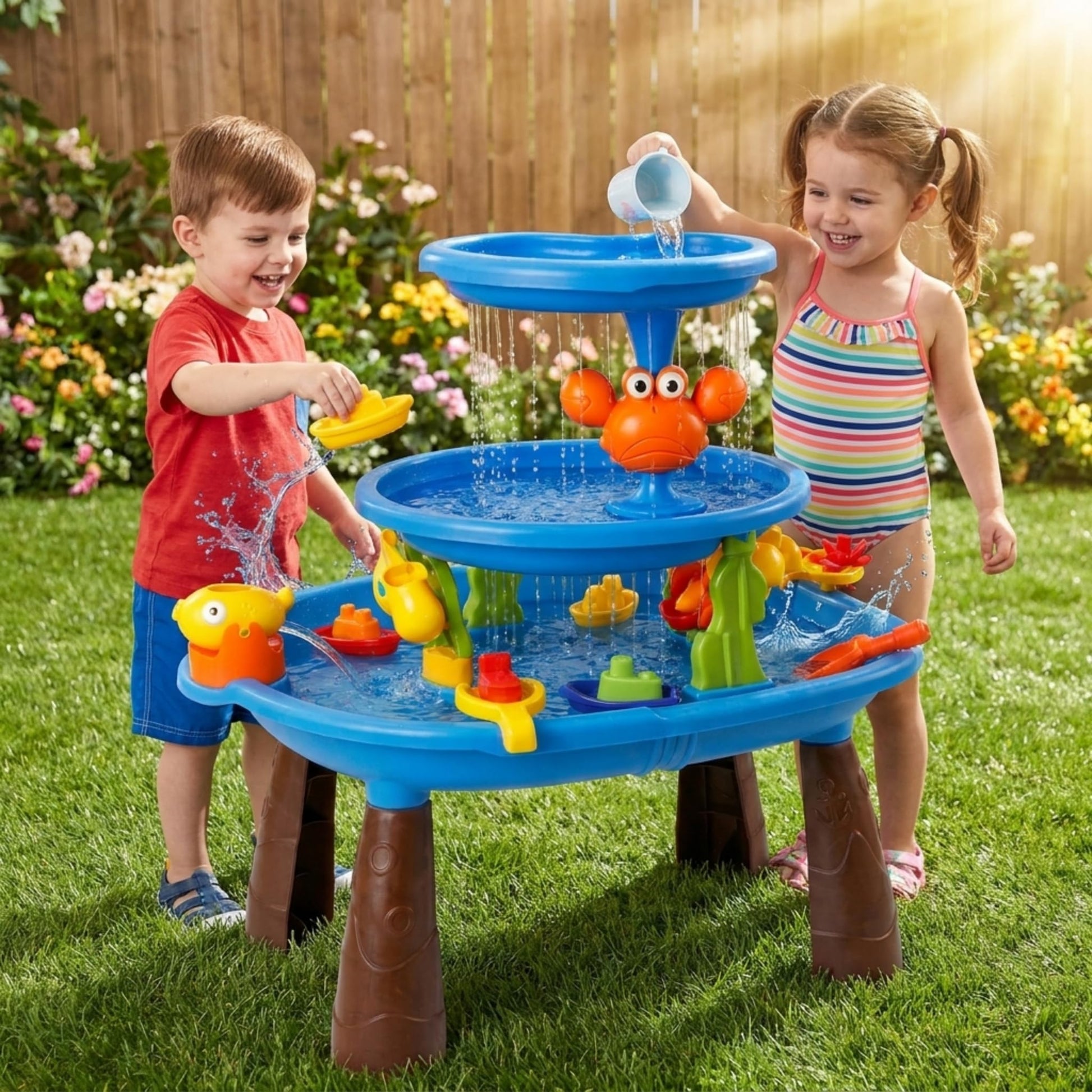 Bo-Toys 3-in-1 Sand and Water Table for Toddlers Ages 3+, Large Outdoor Sensory Play Table with Double-Layer Waterfall, Push-to-Squirt Fish, Spinning