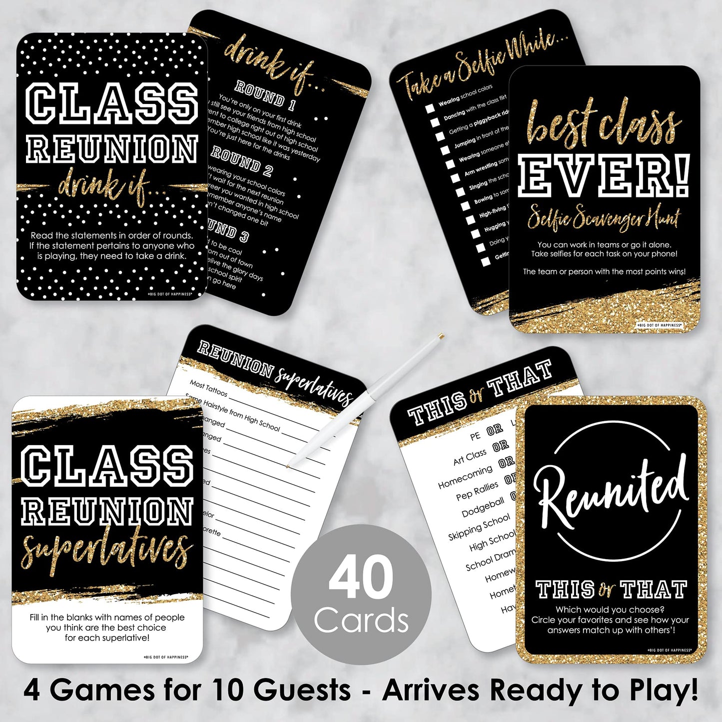 Big Dot of Happiness Reunited - 4 School Class Reunion Party Games - 10 Cards Each - Gamerific Bundle