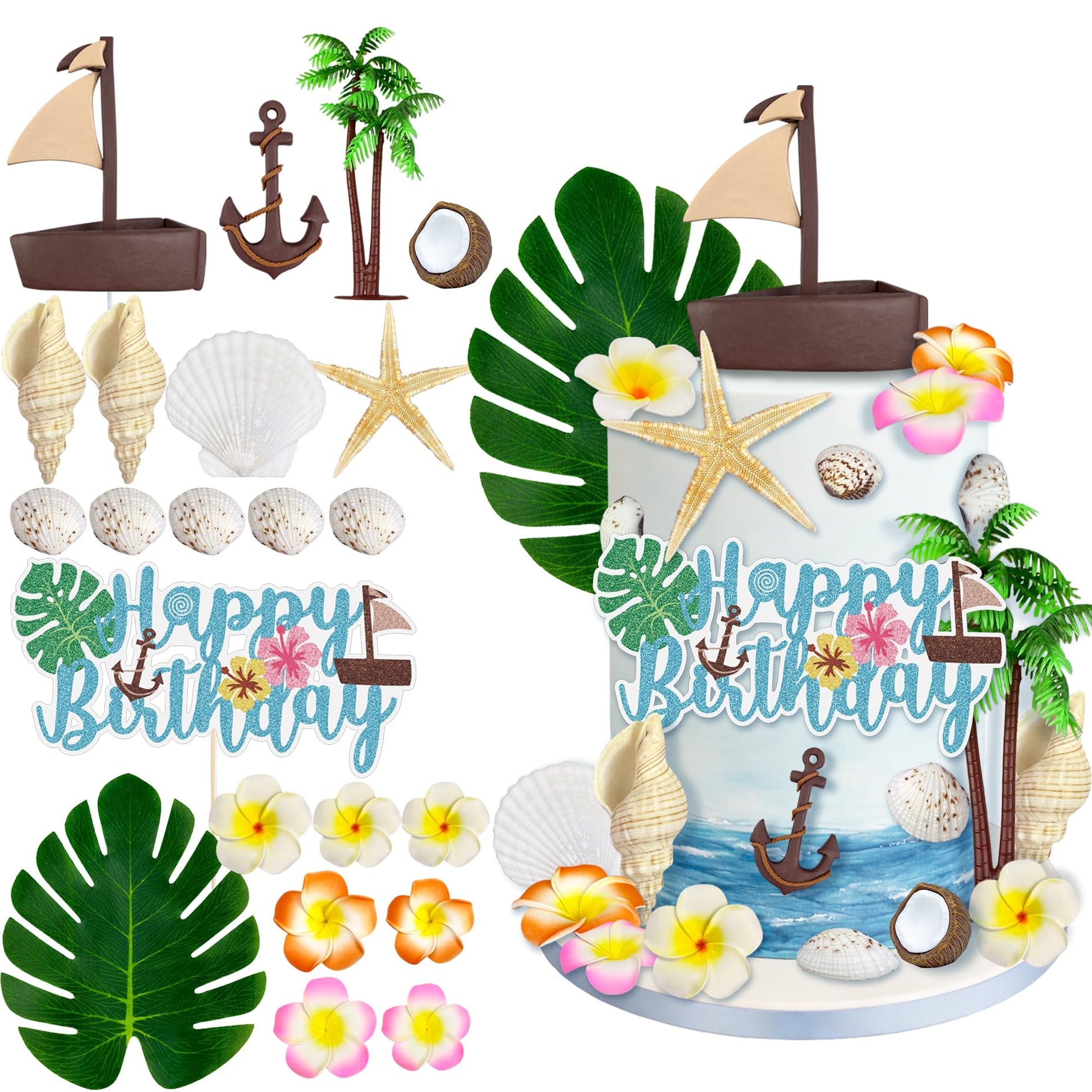 22PCS Hawaiian Cake Decorations Set with Sea Shell Including Coconut Tree Cake Decorations Boat Flowers Starfish Conch Leaves for Summer Party