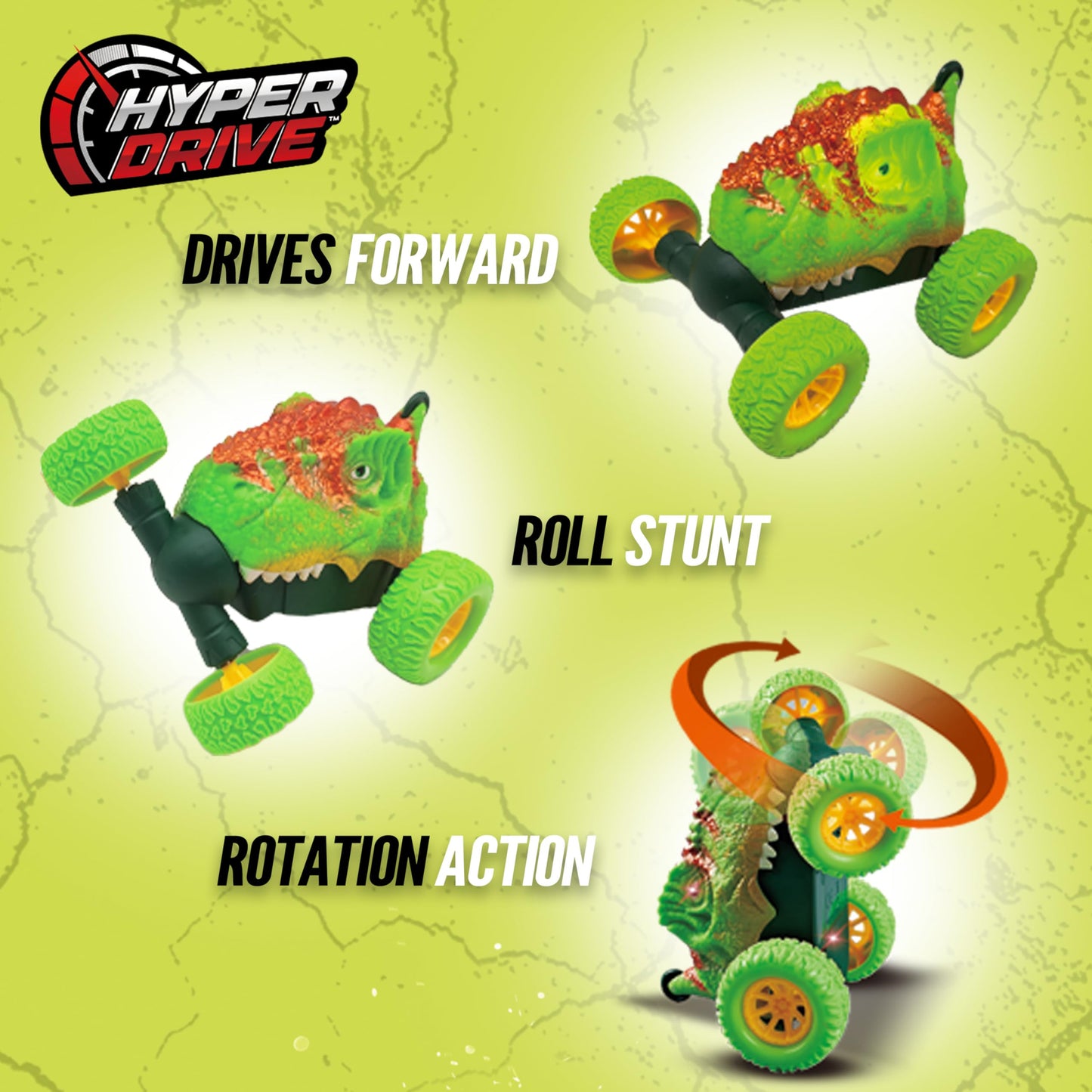 Hyper Drive RC Dinosaur Stunt Car - 360 Rolling Twister, Light-Up Action, Durable Remote-Control Toy for Boys and Girls, Full-Function with Hand
