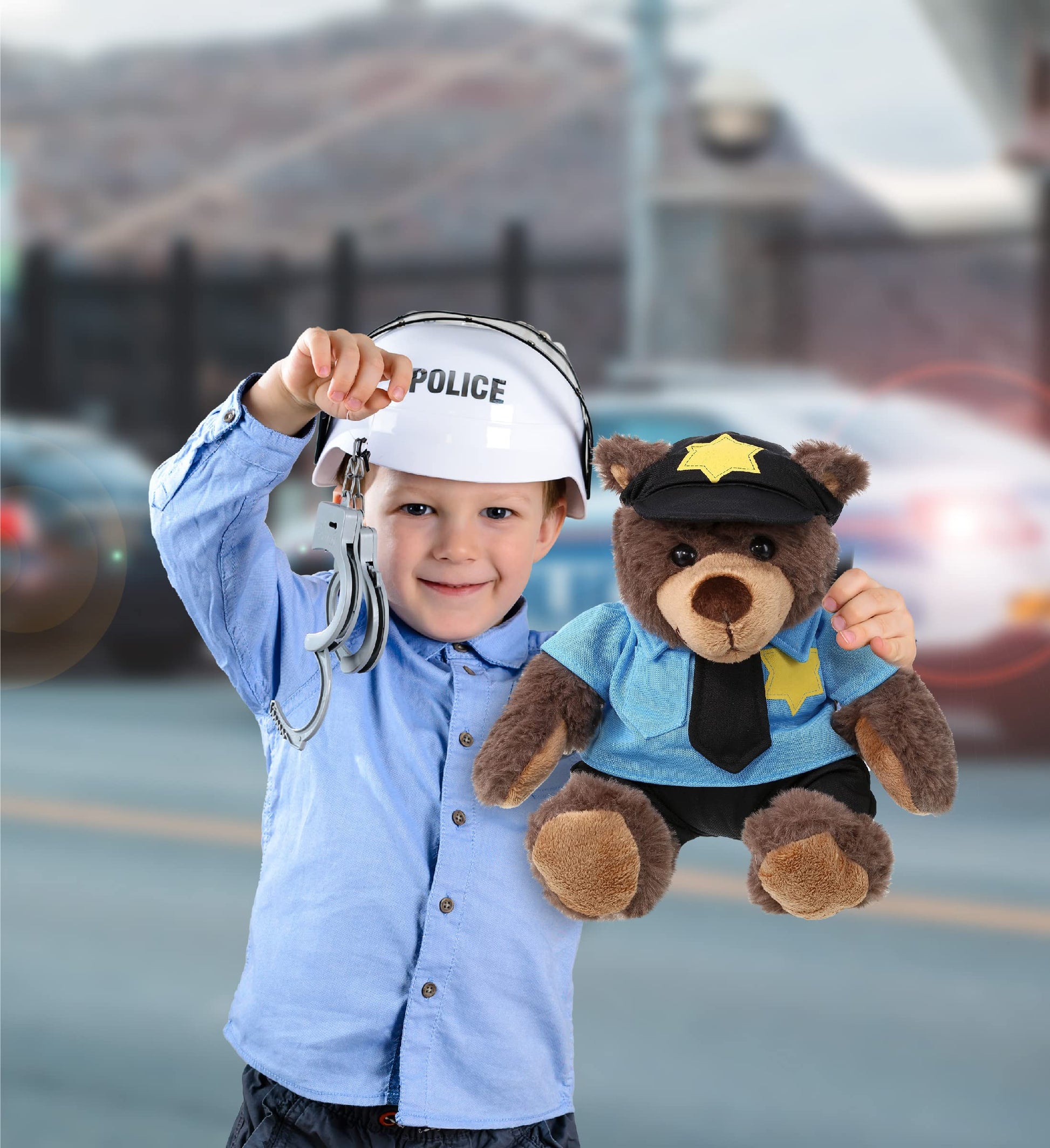 DolliBu Brown Bear Police Officer Plush Toy - Super Soft Plush with Red Plaid Hoodie, Cute Cop Uniform and Cap Outfit - 10 Inches