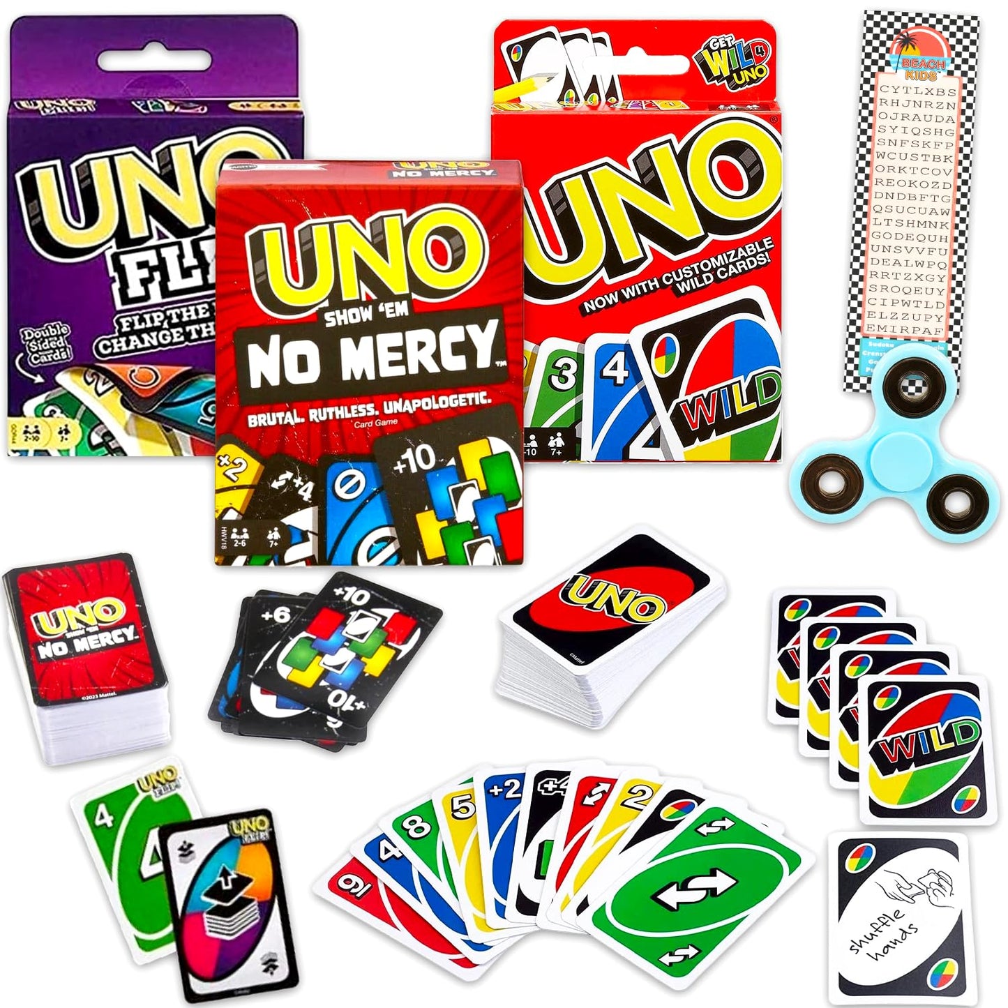 Mattel UNO Expansion Decks Set - 3 Pc Bundle with All Wild, Flip, and No Mercy UNO Decks for Kids Plus Bookmark, More | Card Games for Kids, Family