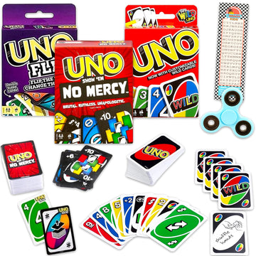 Mattel UNO Expansion Decks Set - 3 Pc Bundle with All Wild, Flip, and No Mercy UNO Decks for Kids Plus Bookmark, More | Card Games for Kids, Family