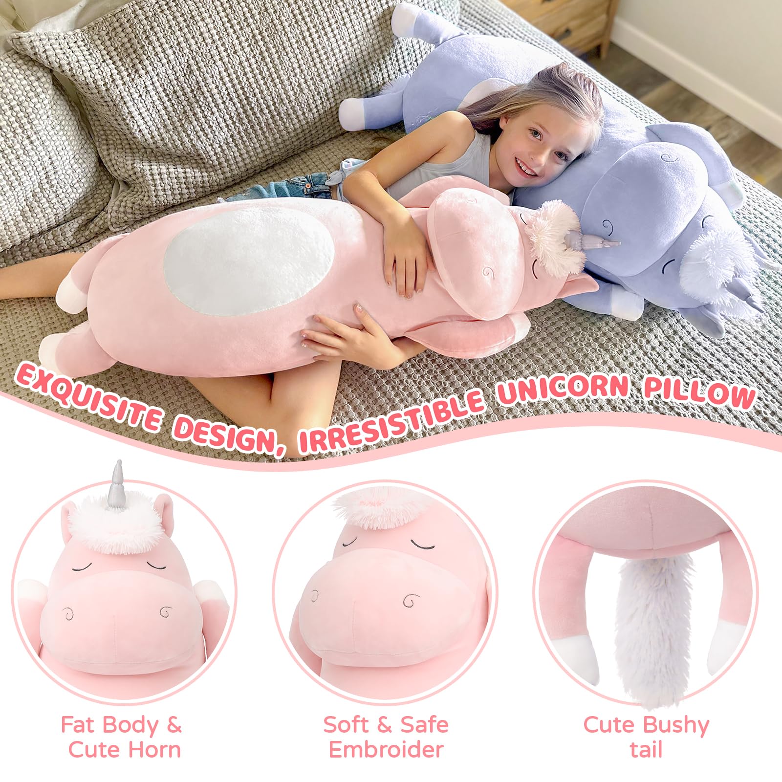 MorisMos Big Unicorn Body Pillow, 36.2'' Plush Unicorn Stuffed Animal, Super Soft Hugging Pillow for Girl Kid, Giant Stuffed Animal Plush Pillow