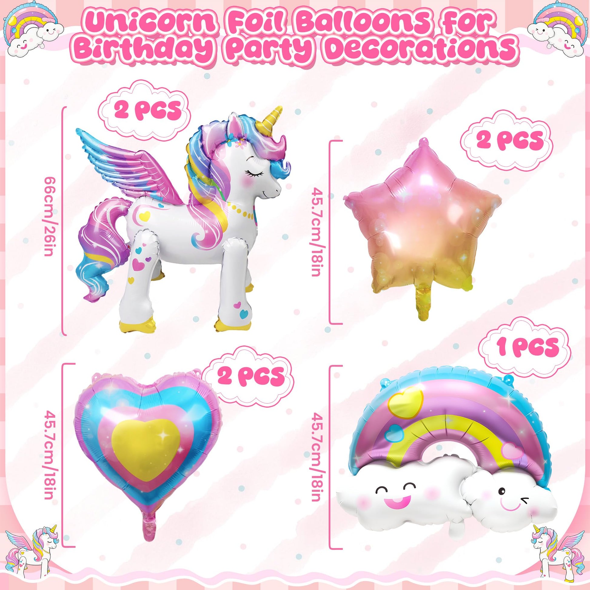 7Pcs Unicorn Balloons Unicorn Birthday Party Decorations 26Inch Self Standing Unicorn Balloons for Girls Birthday 3D Rainbow Star Heart Foil Balloons
