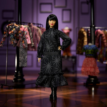Barbie Inspiring Women Anna Sui Doll Collectible in Boho Chic Black Dress Outfit with Boots, Sunglasses, & Perfume Accessory