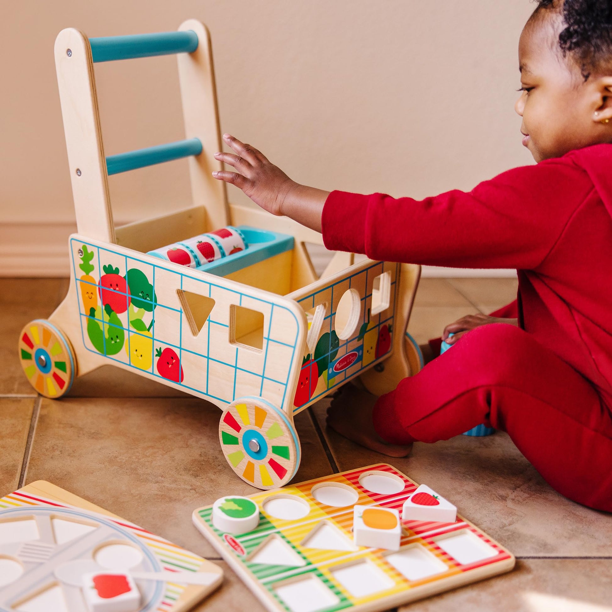 Melissa & Doug Wooden Shape Sorting Grocery Cart - Toddler Toys with 12 Blocks, Puzzle Board and Coffee Cup for Pretend Play and Montessori Toys - FSC