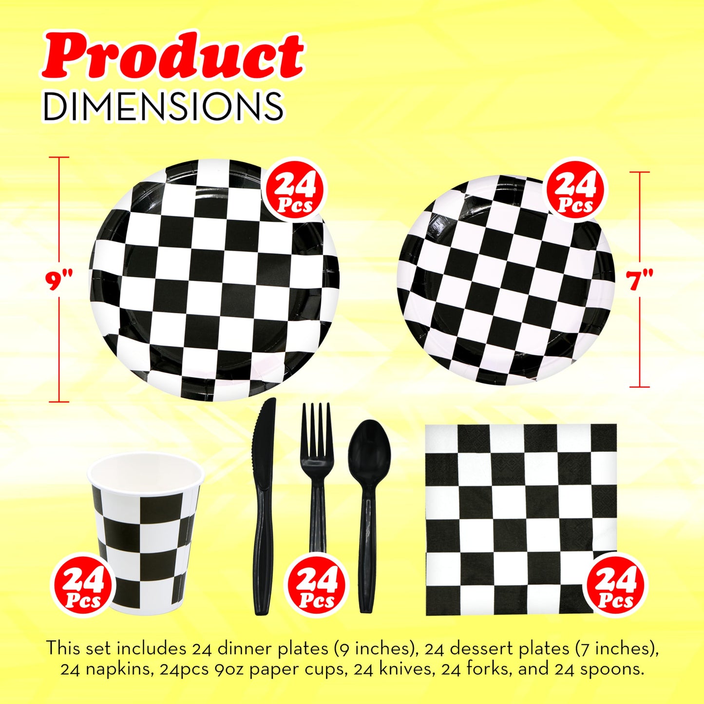 Checkered Party Supplies Set Serves 24 - Checkered Flag Plates, Cups, Napkins, Cutlery - For Race Car Birthday Party Supplies Table Ware Decorations