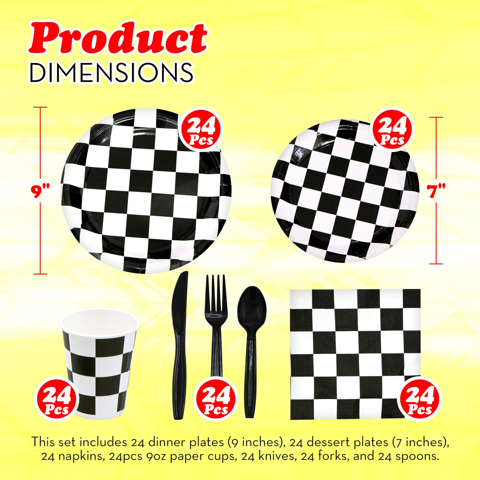Checkered Party Supplies Set Serves 24 - Checkered Flag Plates, Cups, Napkins, Cutlery - For Race Car Birthday Party Supplies Table Ware Decorations