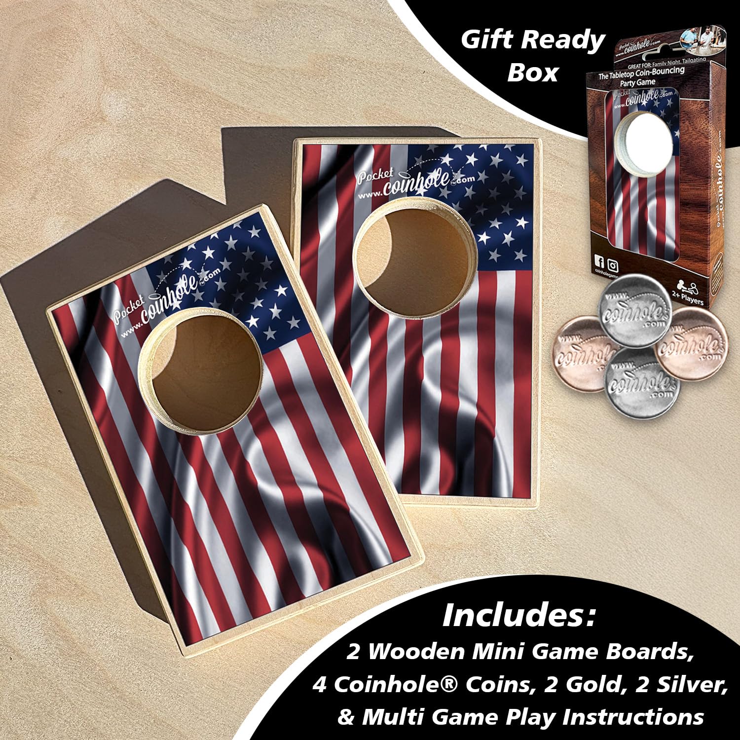 Coinhole Desktop Coin Bouncing Party Game Set | Tabletop Cornhole Board Game | Small Cornhole Travel Game Includes Coins (Pocket Size American Flag)