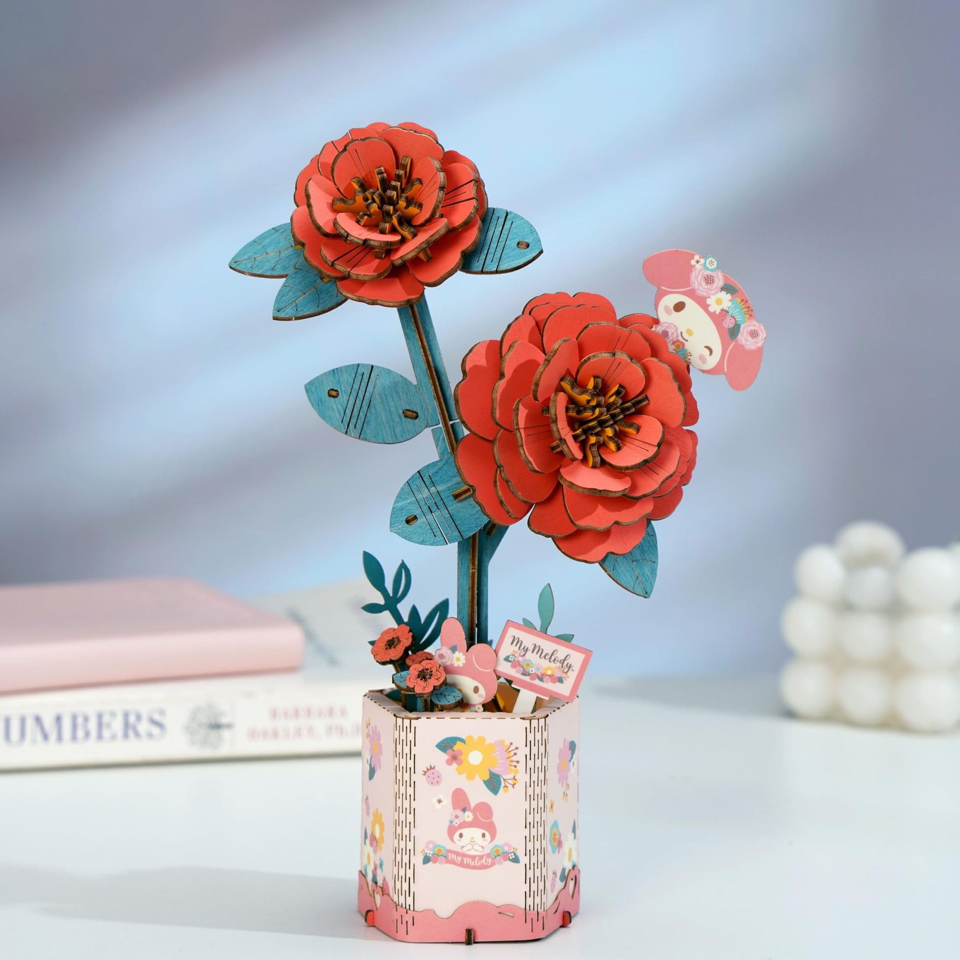 Hands Craft Hello Kitty and Friends My Melody Red Camellia 3D Wooden Puzzle Kit | DIY Flower Model | Arts & Crafts for Adults & Kids | Creative Hobby
