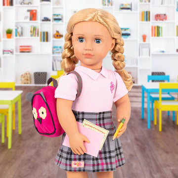 Our Generation Hally Doll - Soft 18-inch Fashion Doll with Holiday Clothing Accessories - Unique Grey-Blue Eyes and Curly Blonde Hair