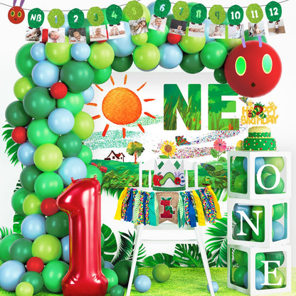 Homond Green Caterpillar 1st Birthday Decorations, Fruit Theme Decorations - Backdrop Number One Balloon Highchair Banner Box Crown, Very Cartoon