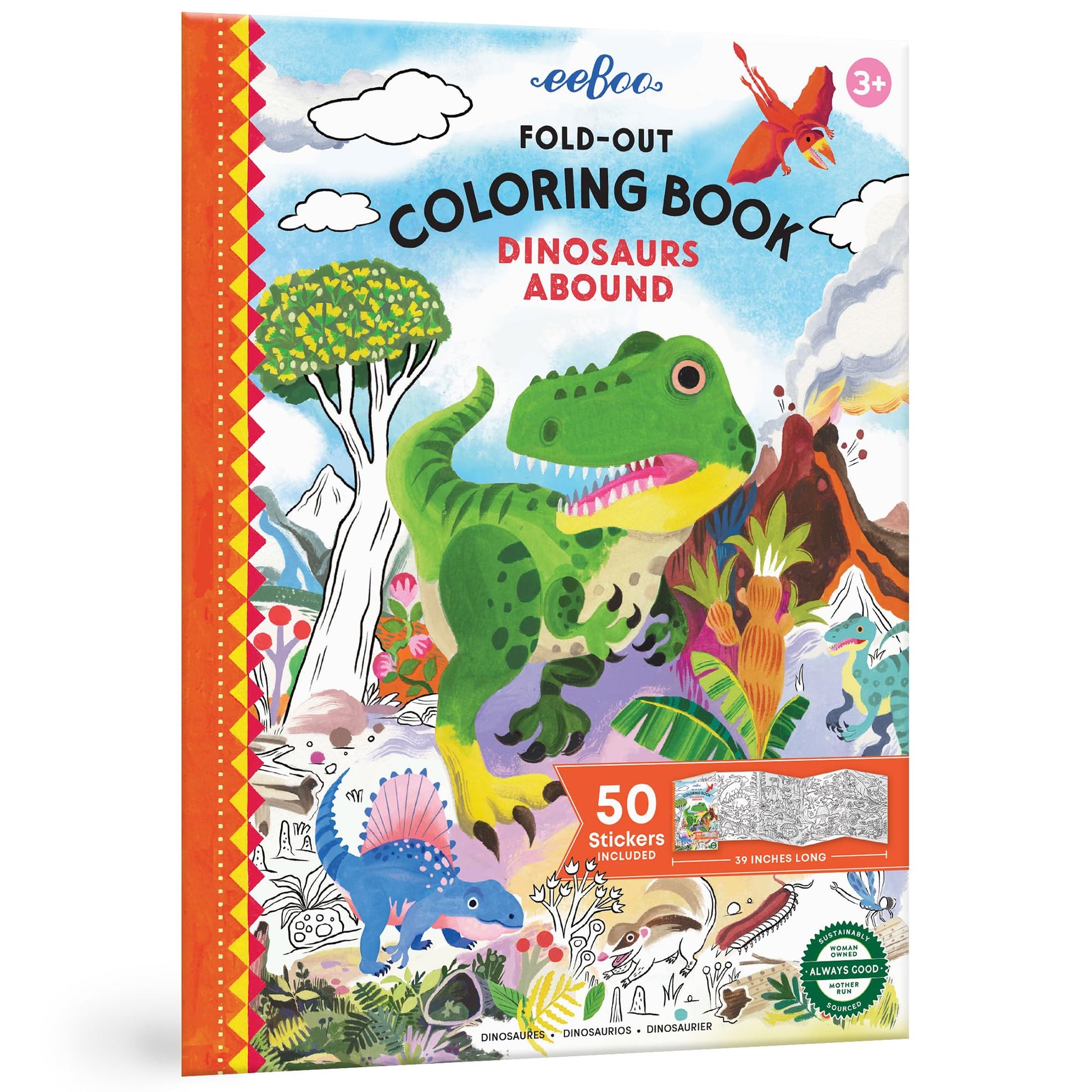 eeBoo: Dinosaurs Abound Fold-Out Coloring Book - 39" of Coloring Space, 50 Stickers, Screen-Free Activity for Kids Ages 3 and up