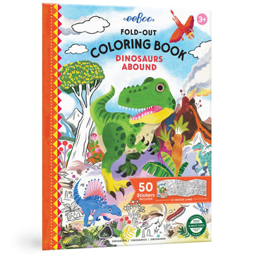 eeBoo: Dinosaurs Abound Fold-Out Coloring Book - 39" of Coloring Space, 50 Stickers, Screen-Free Activity for Kids Ages 3 and up