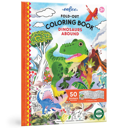 eeBoo: Dinosaurs Abound Fold-Out Coloring Book - 39" of Coloring Space, 50 Stickers, Screen-Free Activity for Kids Ages 3 and up