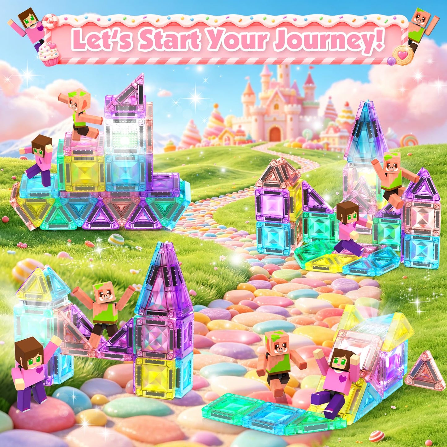 Mini Magnetic Tiles with 2 Little Action People, Light Up Travel Tiles with Magnetic Action Figures for Princess Castle, Micro Magnet Portable Toys