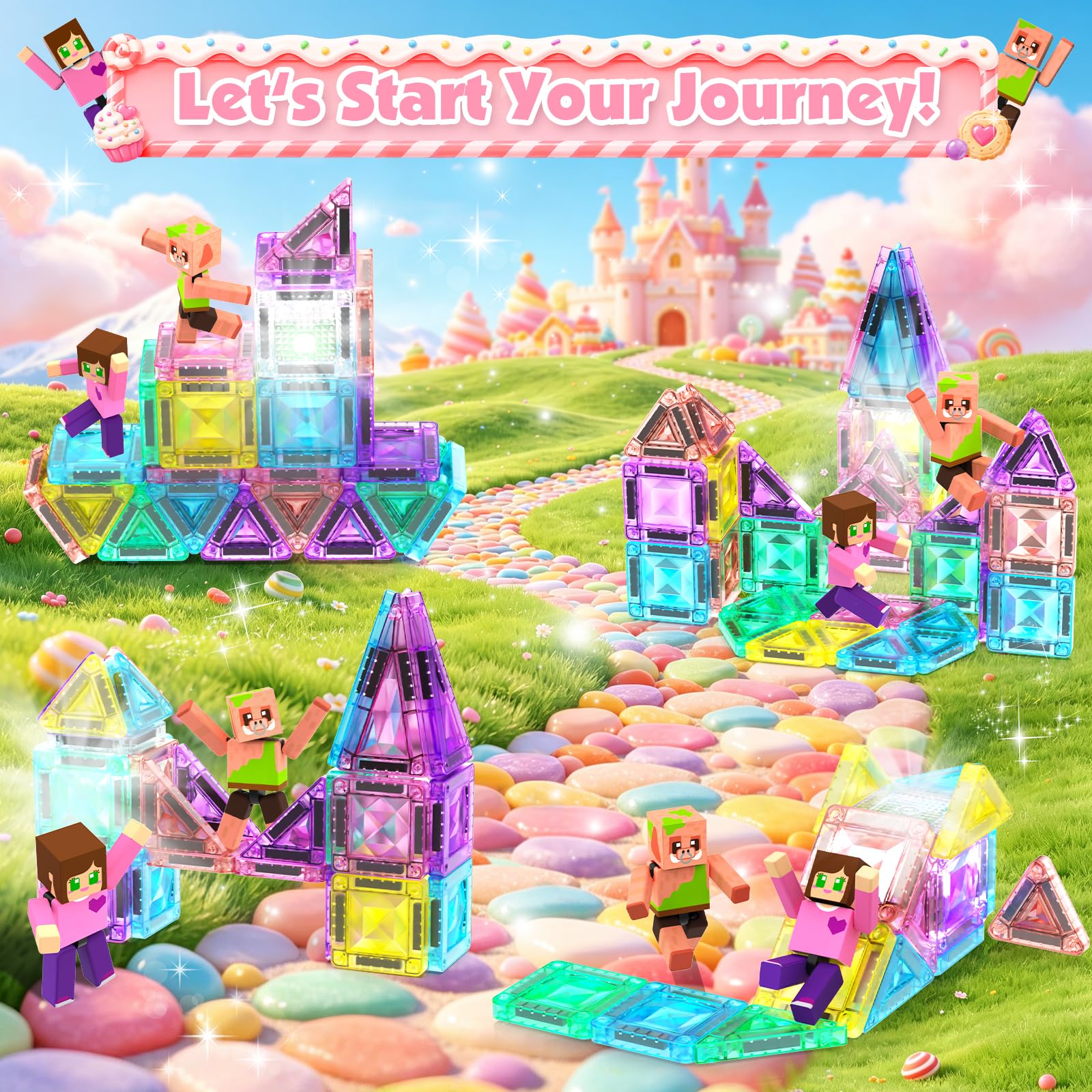 Mini Magnetic Tiles with 2 Little Action People, Light Up Travel Tiles with Magnetic Action Figures for Princess Castle, Micro Magnet Portable Toys