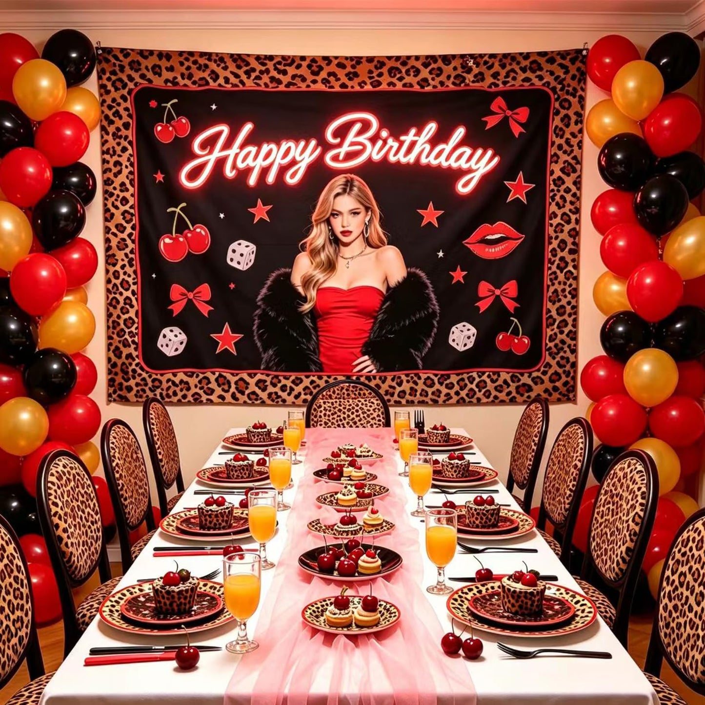 192 Pcs Cheetah Print Tableware Set (Serves 48 Guests), Plates, Napkins, Forks, Red Black Cheetah Cherry Theme for Girls Women Birthday Wedding