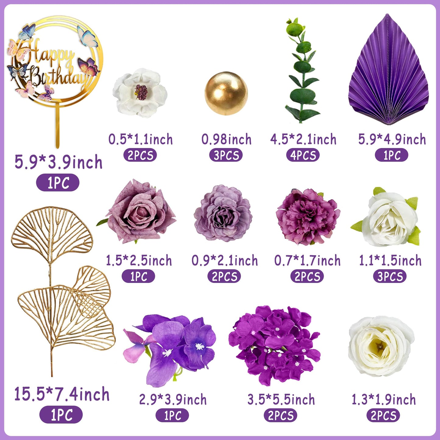 Flower Cake Toppers Purple Cake Decorations with Artificial Flowers Eucalyptu Leaves for Birthday Wedding Supplies (Purple)