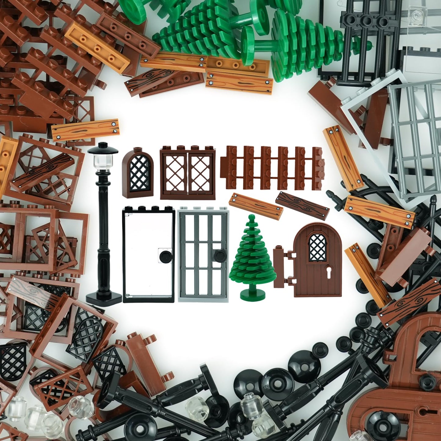 BroTex Doors Windows Accessories Bricks Pieces, City House Parts Garden Classic Road Lamp Light Ladder Gate Castle, Creative DIY Construction